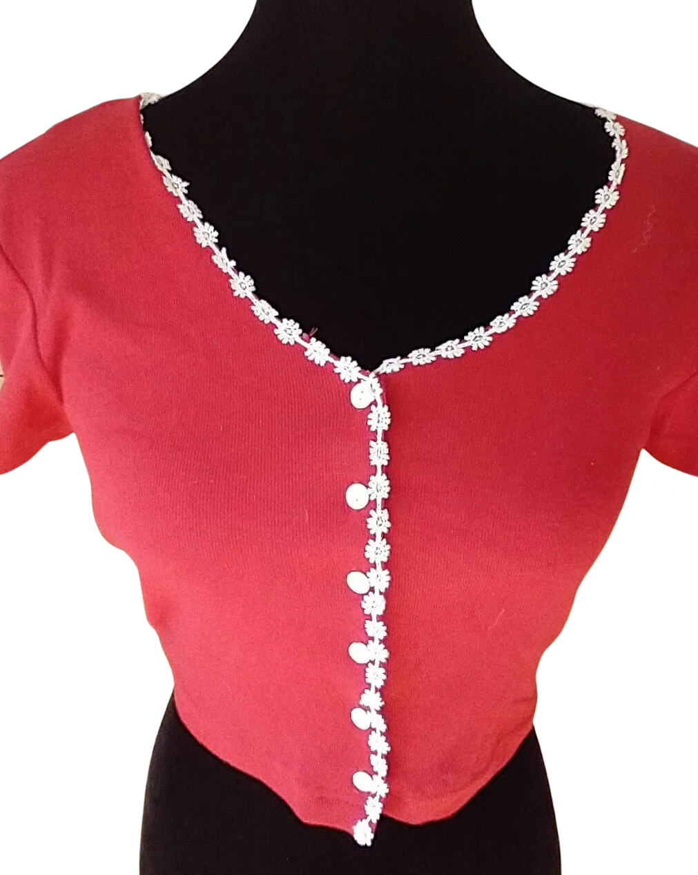 80s Red Scoop Neck Crop Top Flowered Rick Rack Knit Women's Small To Medium by Fresh from California