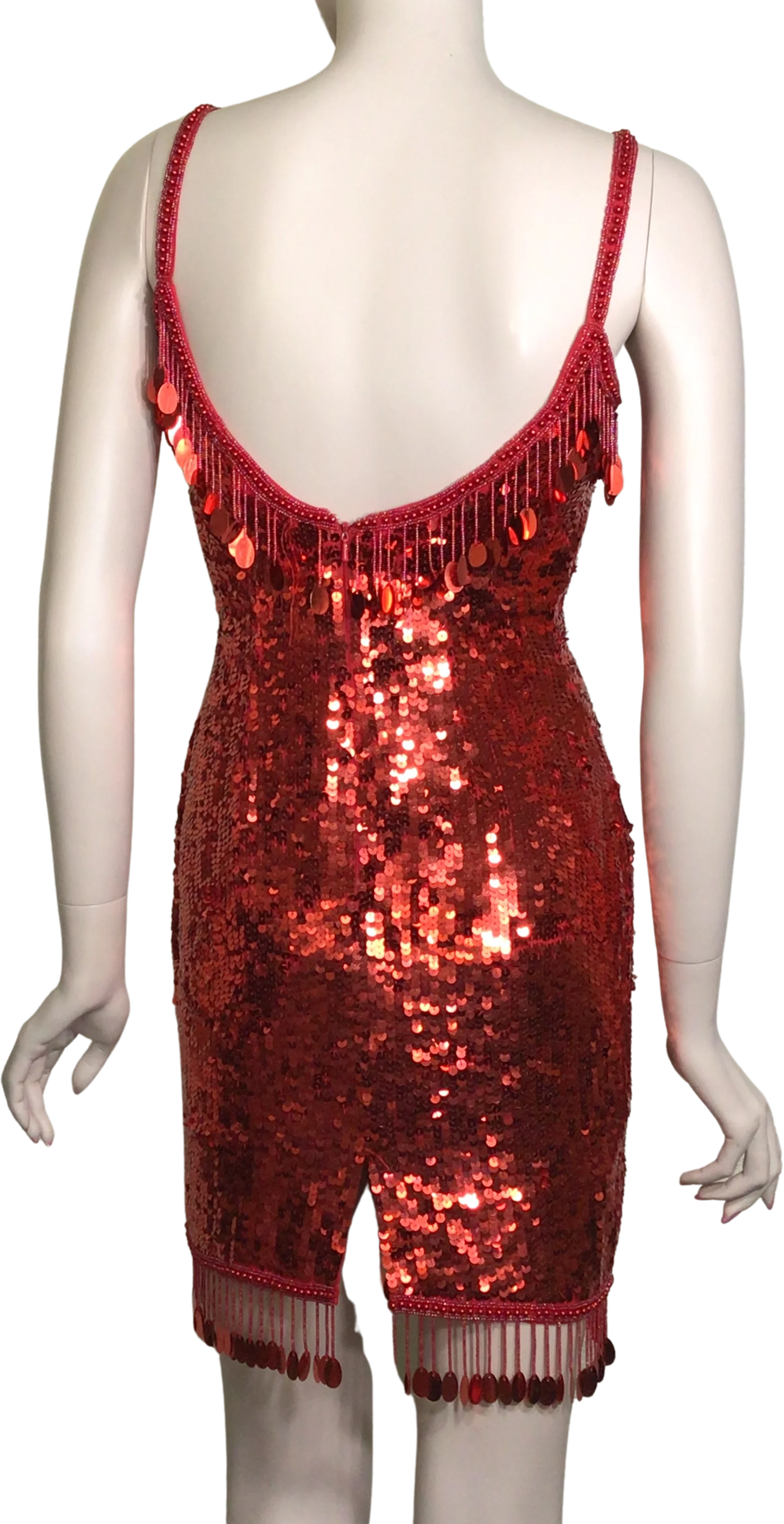 80s Red Sequin Mini Dress With Beaded Dangle Accents By Alyce Designs - Image 2
