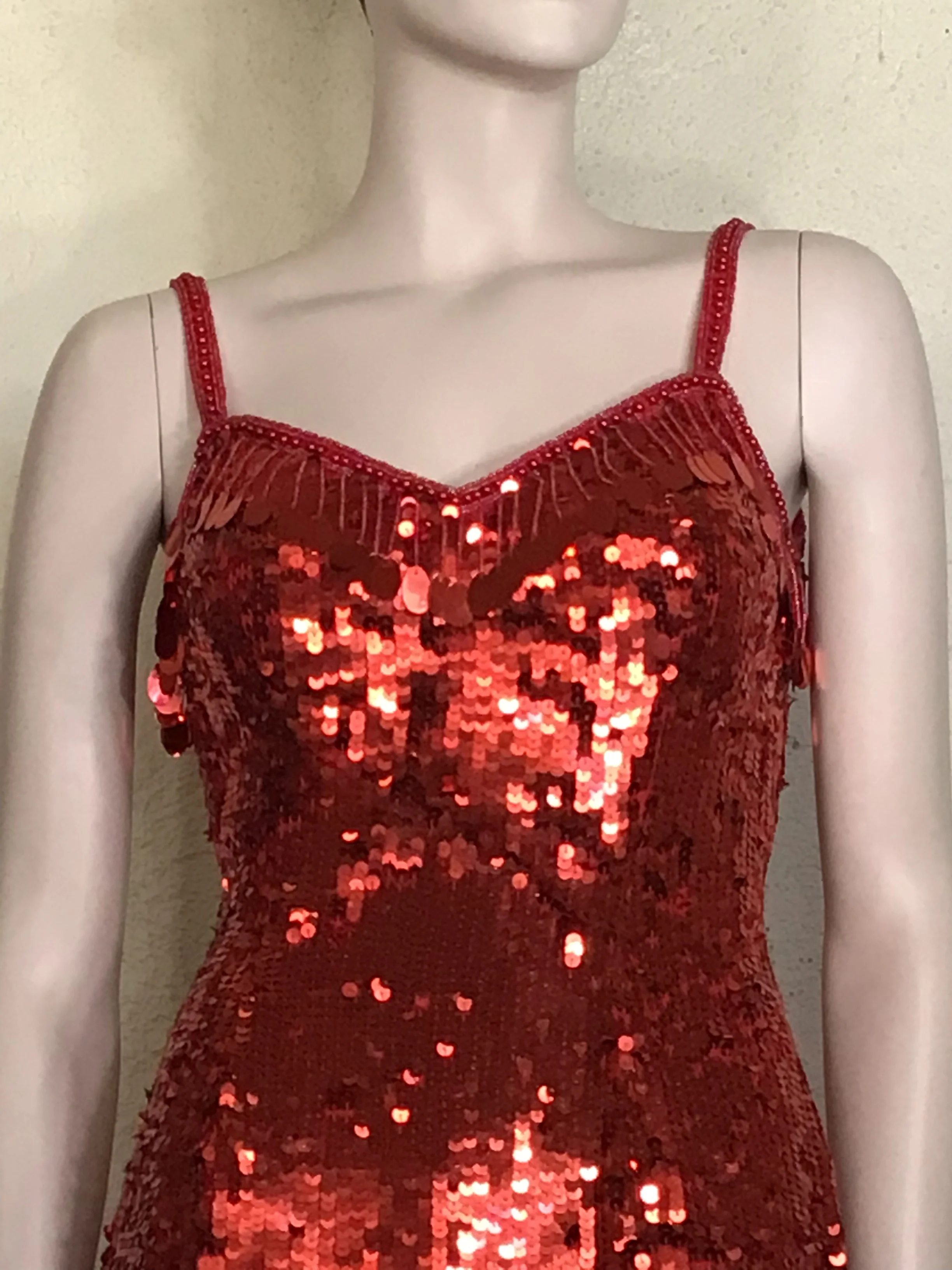 80s Red Sequin Mini Dress With Beaded Dangle Accents By Alyce Designs - Image 6