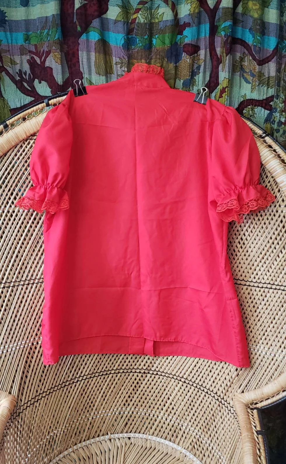 80s Red Short Sleeve Pussy-Bow Blouse Women's 42 by Rhapsody - Image 2