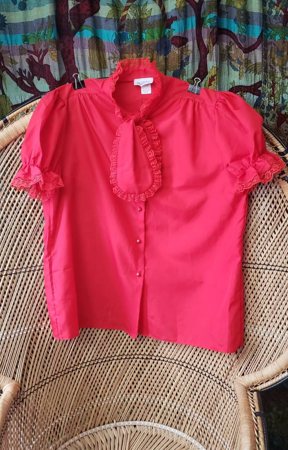 80s Red Short Sleeve Pussy-Bow Blouse Women's 42 by Rhapsody - Image 3