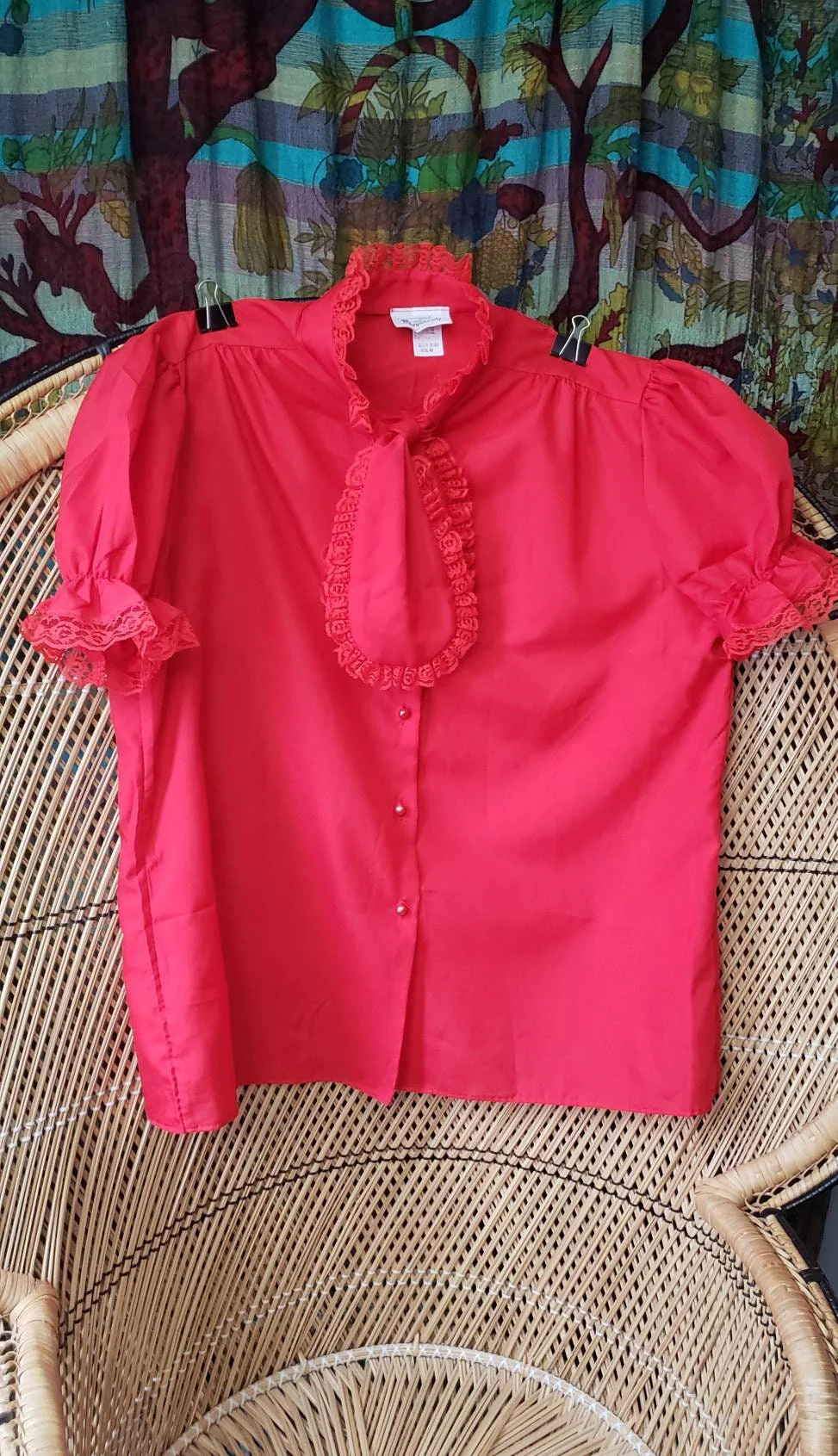 80s Red Short Sleeve Pussy-Bow Blouse Women's 42 by Rhapsody - Image 4