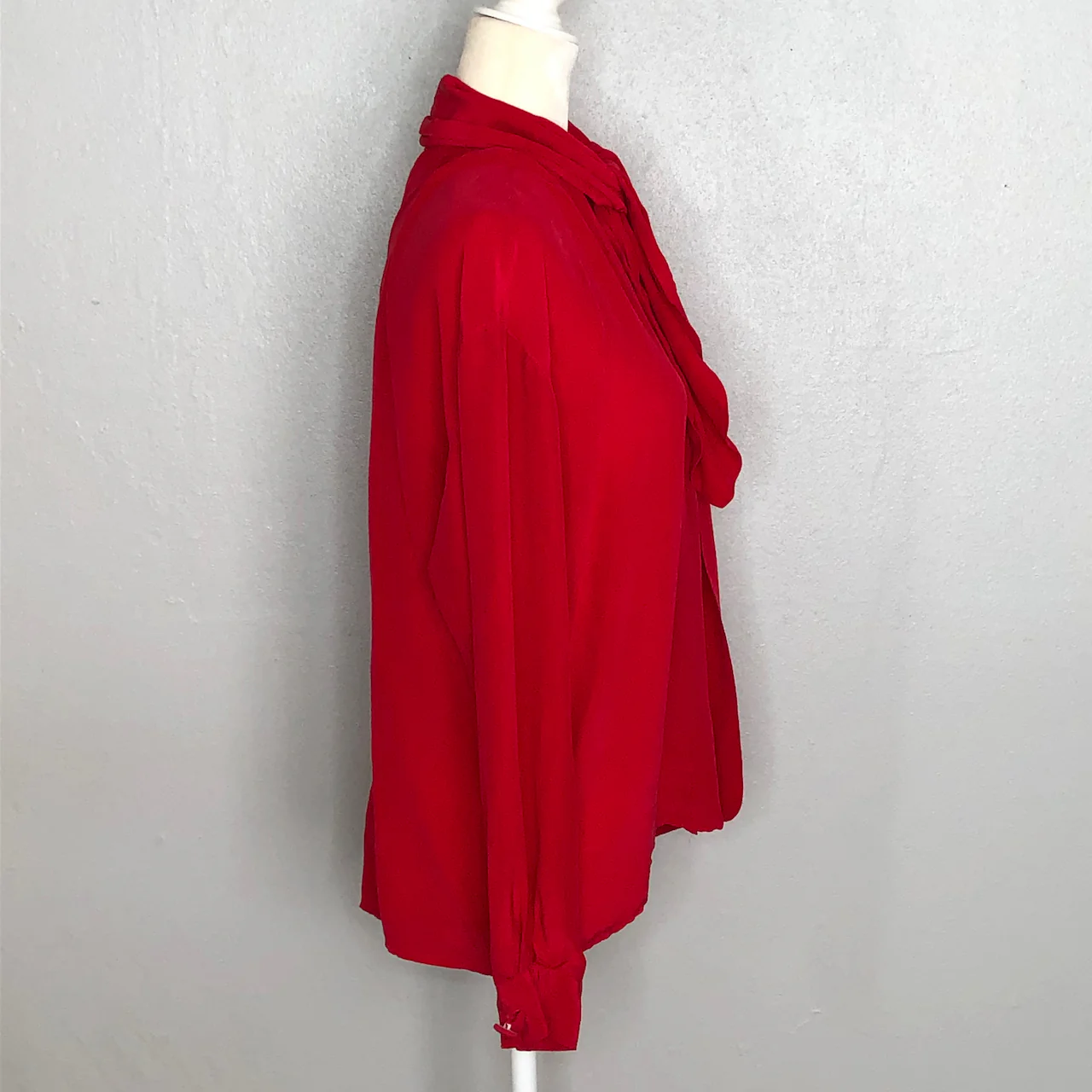 80s Red Silk Bow Tie Embroidered Button Up Blouse By Anne Klein - Image 3