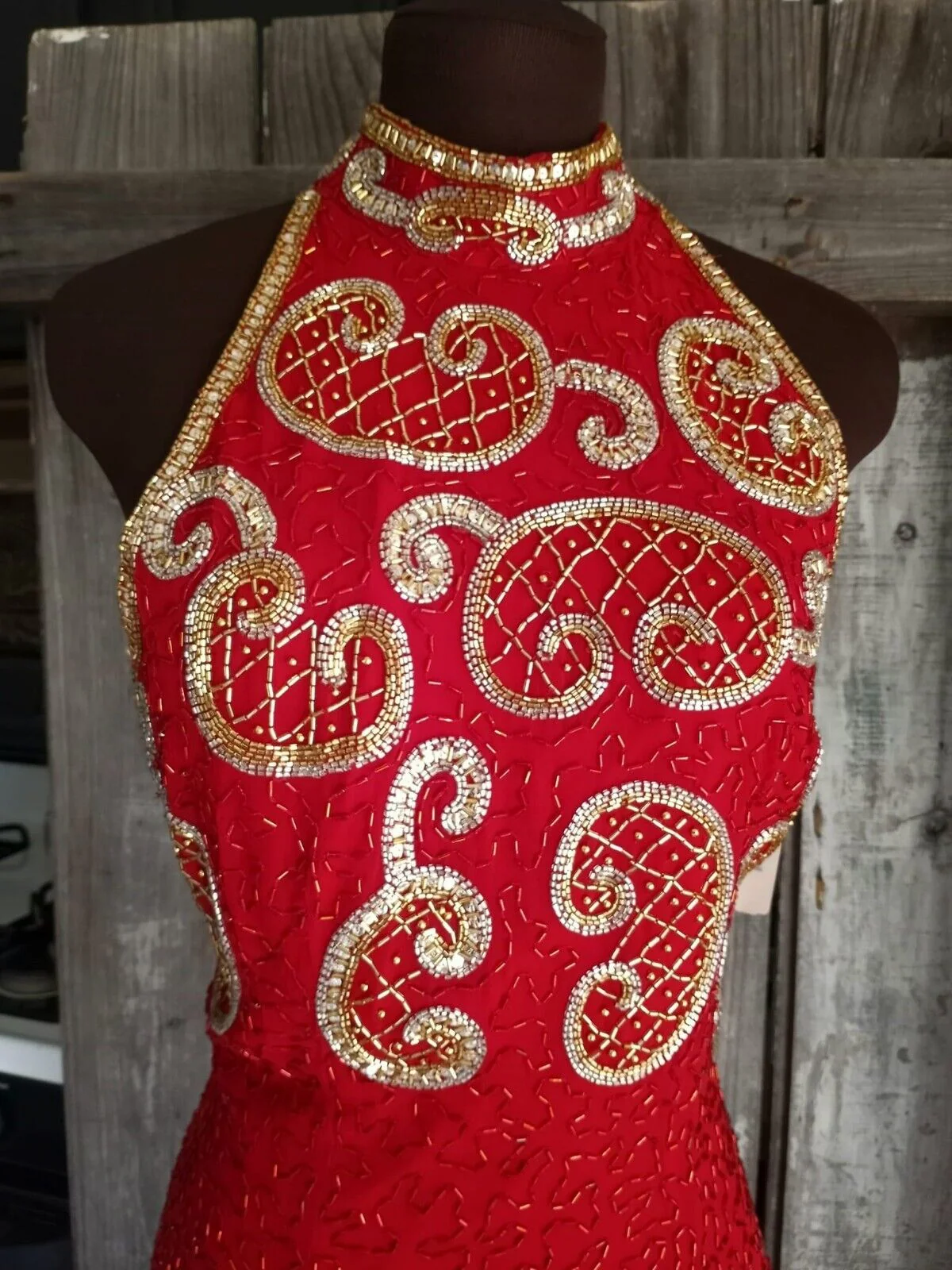 80s Red Silk Evening Gown Halter Sequins Glass Beads S By Ebony - Image 3