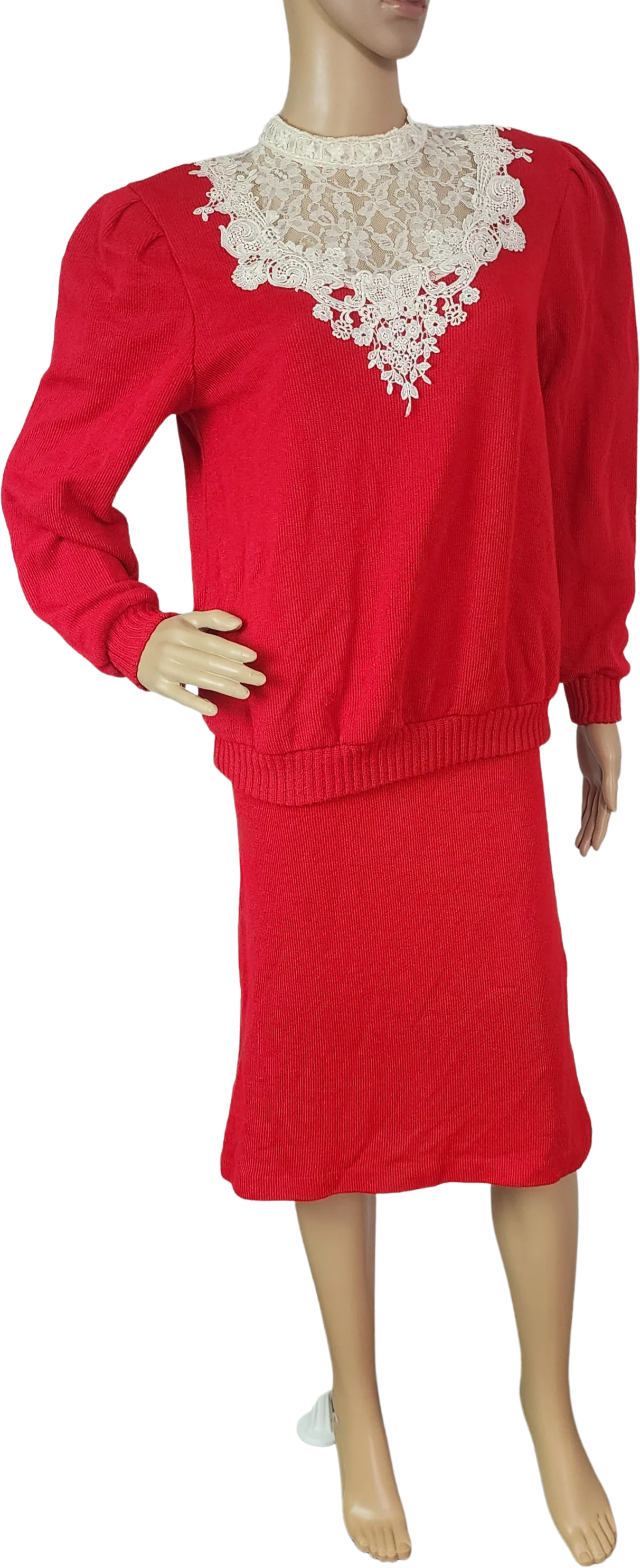 80s Red Sweater And Skirt Set High Lace Neck by Nilani
