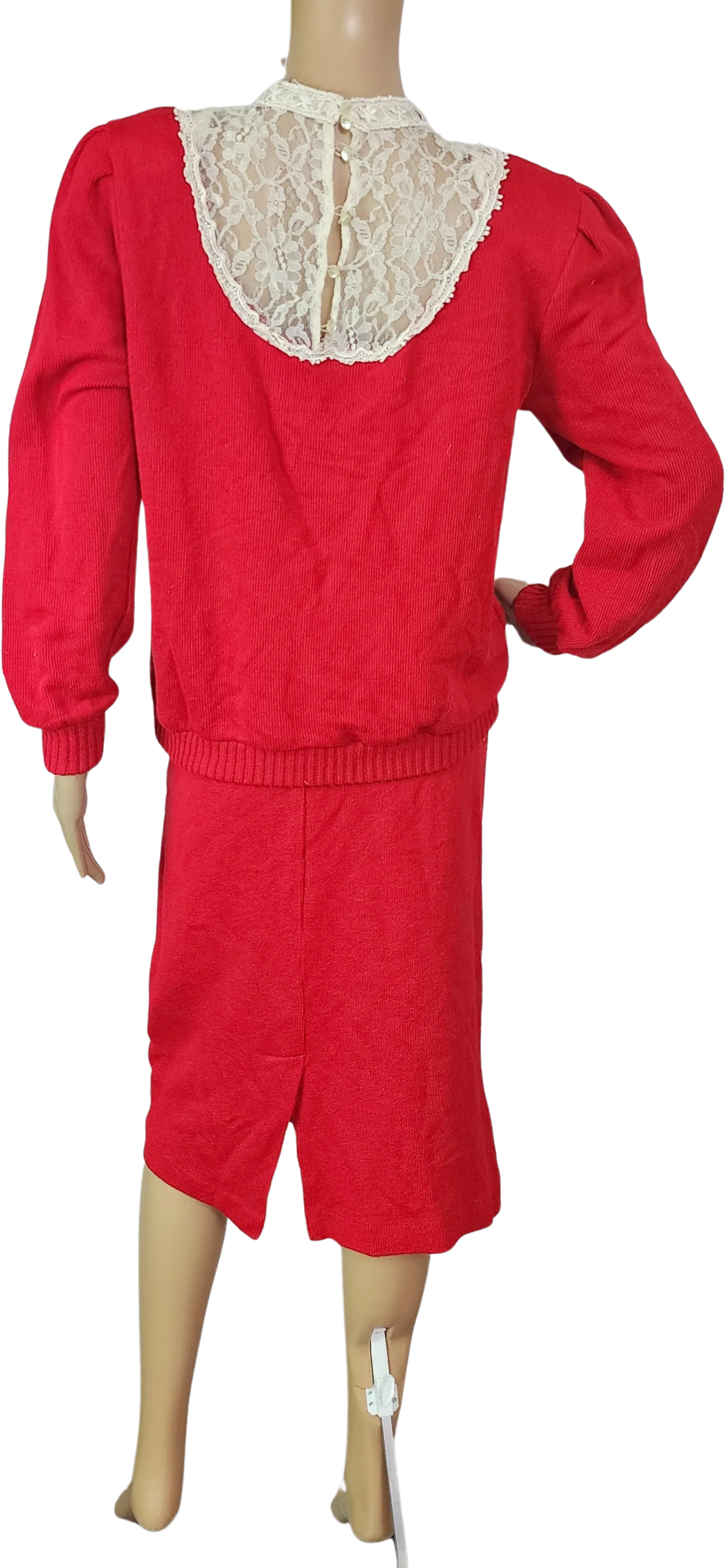 80s Red Sweater And Skirt Set High Lace Neck by Nilani - Image 2