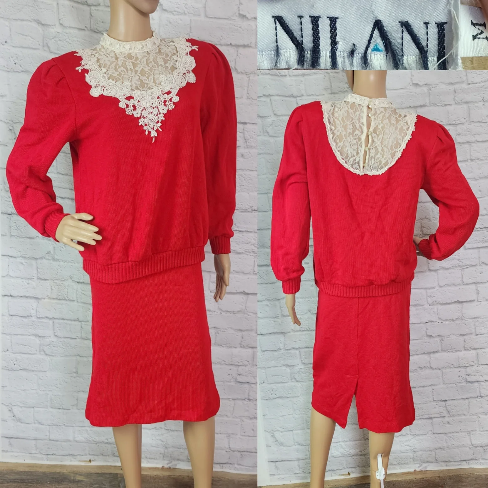 80s Red Sweater And Skirt Set High Lace Neck by Nilani - Image 3