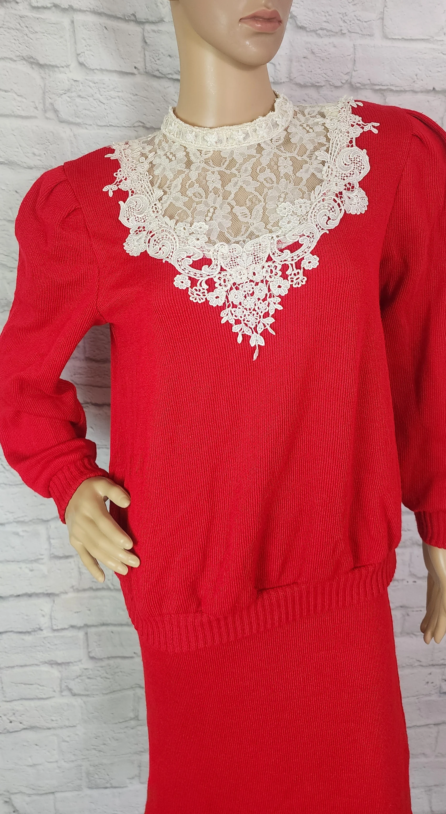 80s Red Sweater And Skirt Set High Lace Neck by Nilani - Image 5