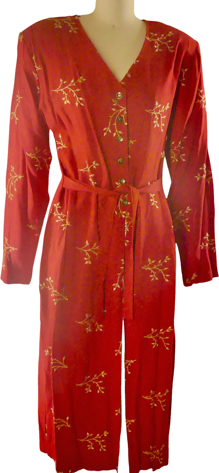 80s Red With Gold Empbroidery Coat Dress By Lew Magram
