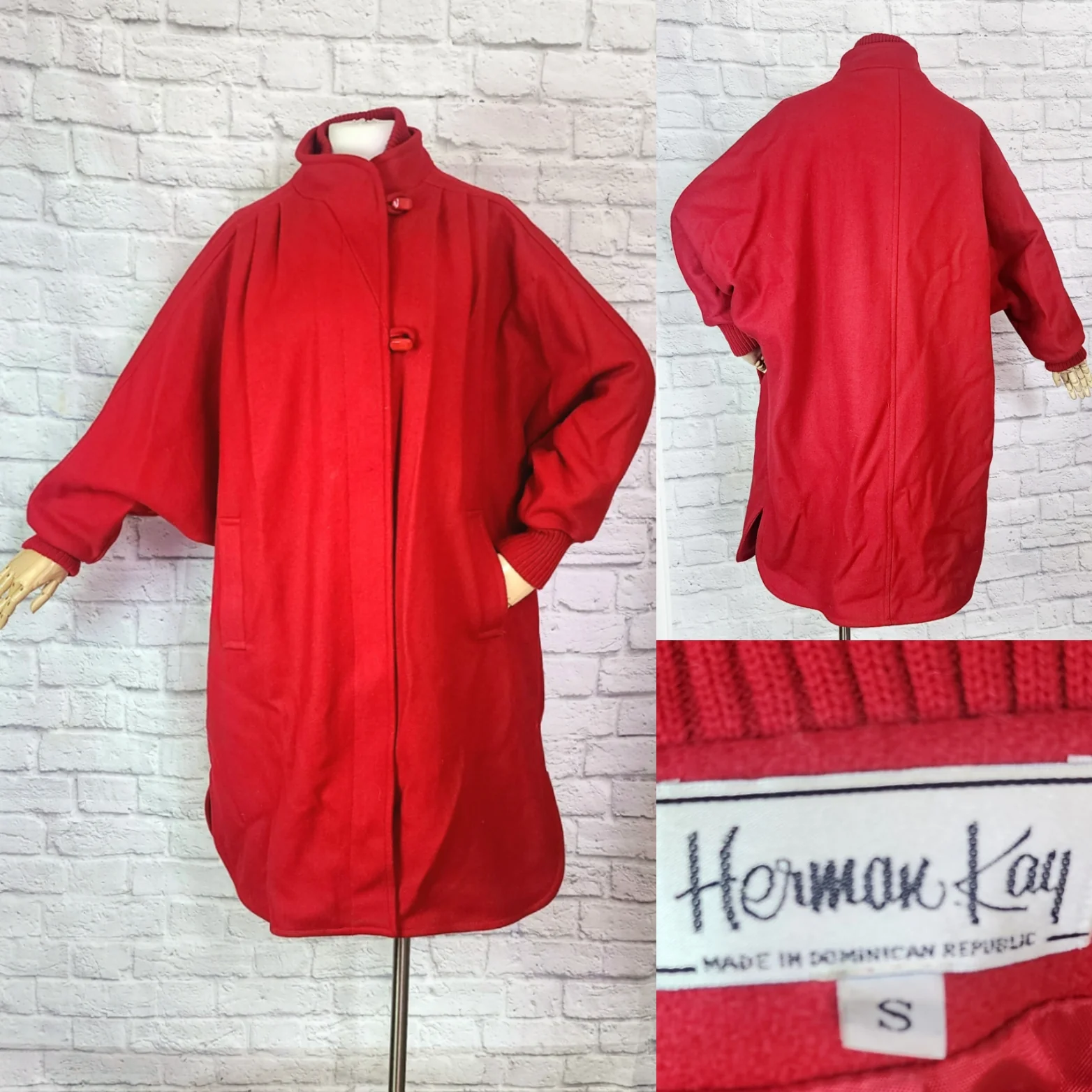 80s Red Wool Batwing Coat Cozy Oversized Fit By Herman Kay - Image 3