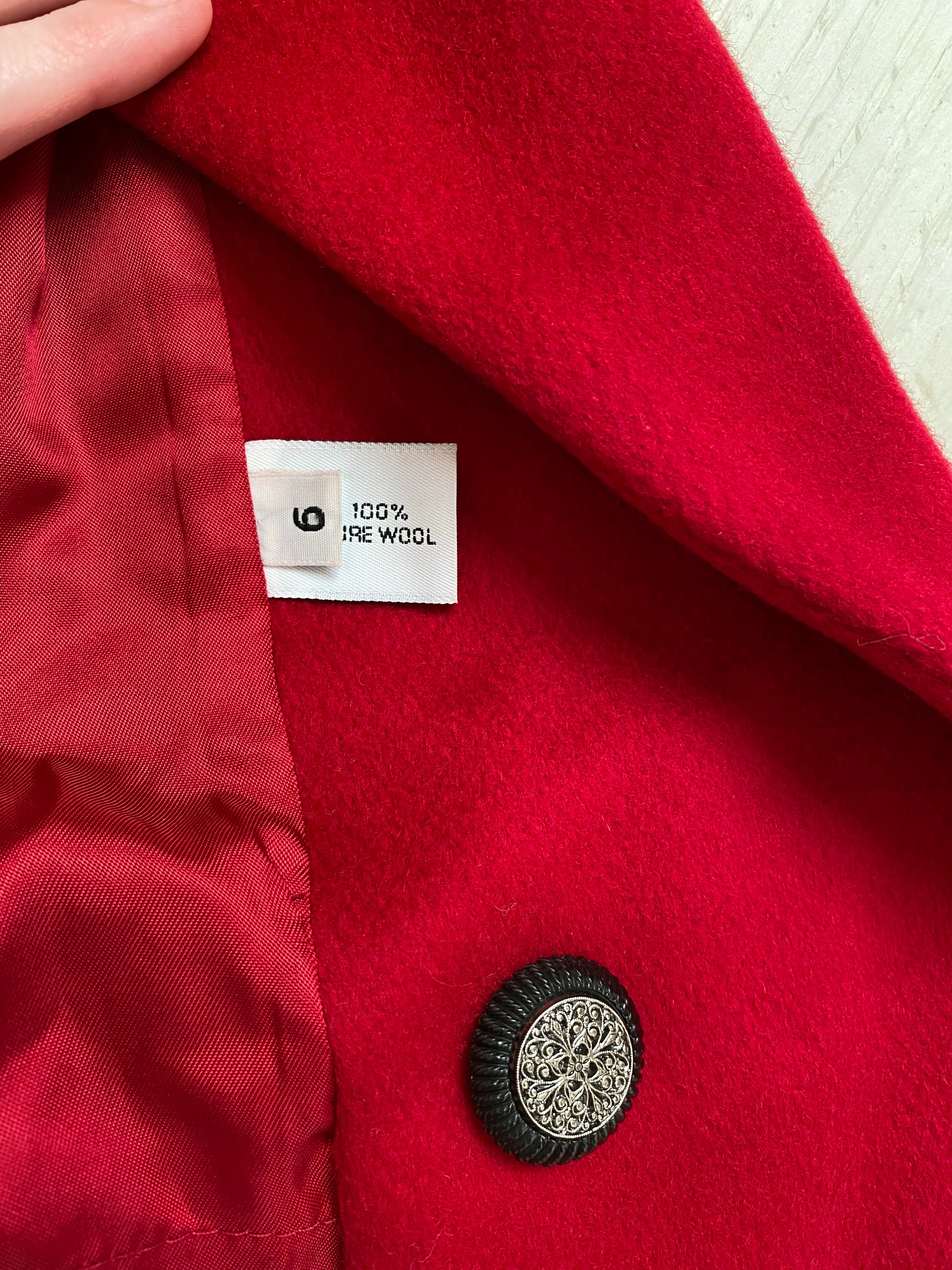 80s Red Wool Black Velvet Funnel Neck Over Coat By Forecaster of Boston - Image 13