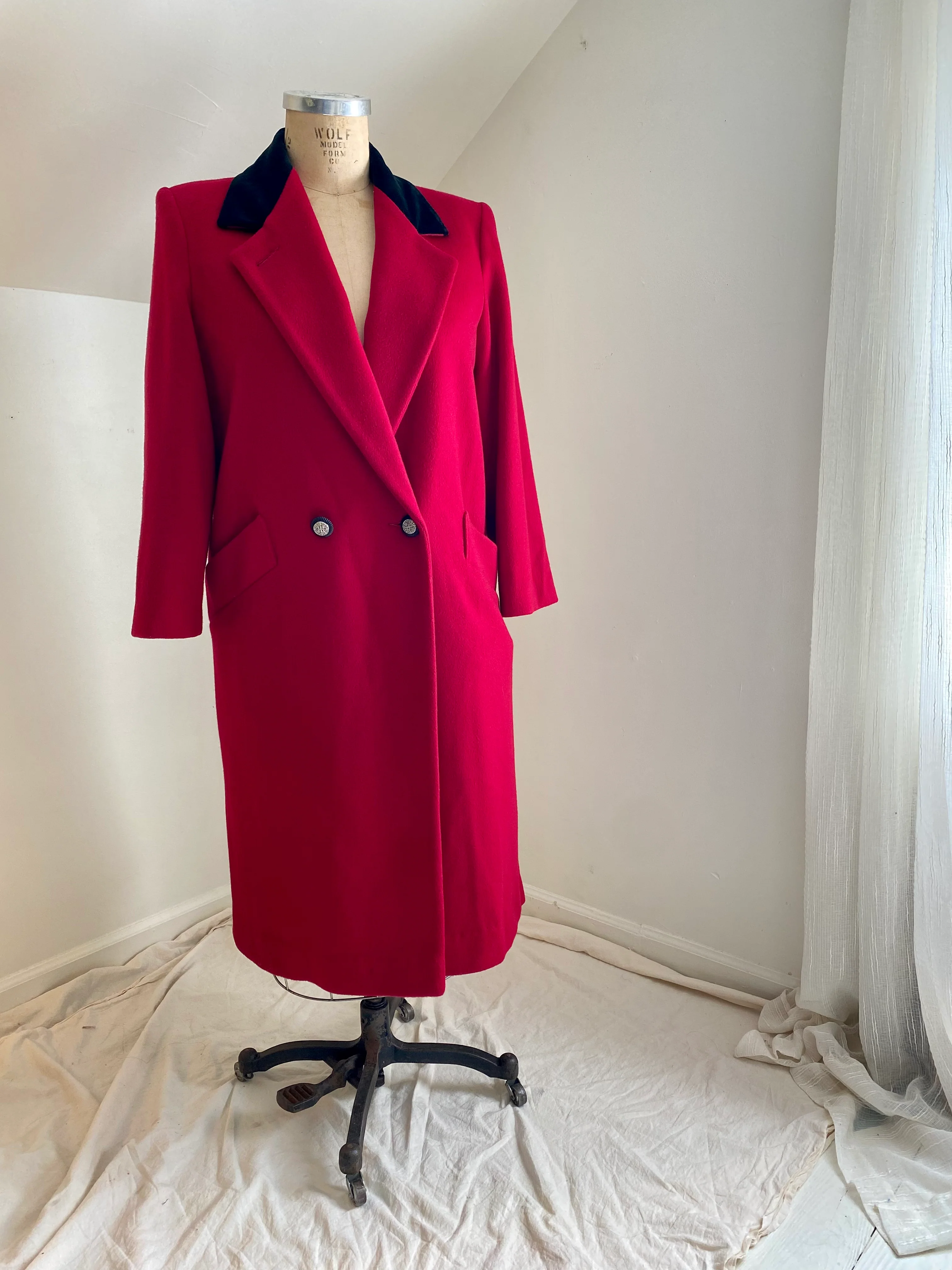 80s Red Wool Black Velvet Funnel Neck Over Coat By Forecaster of Boston - Image 4
