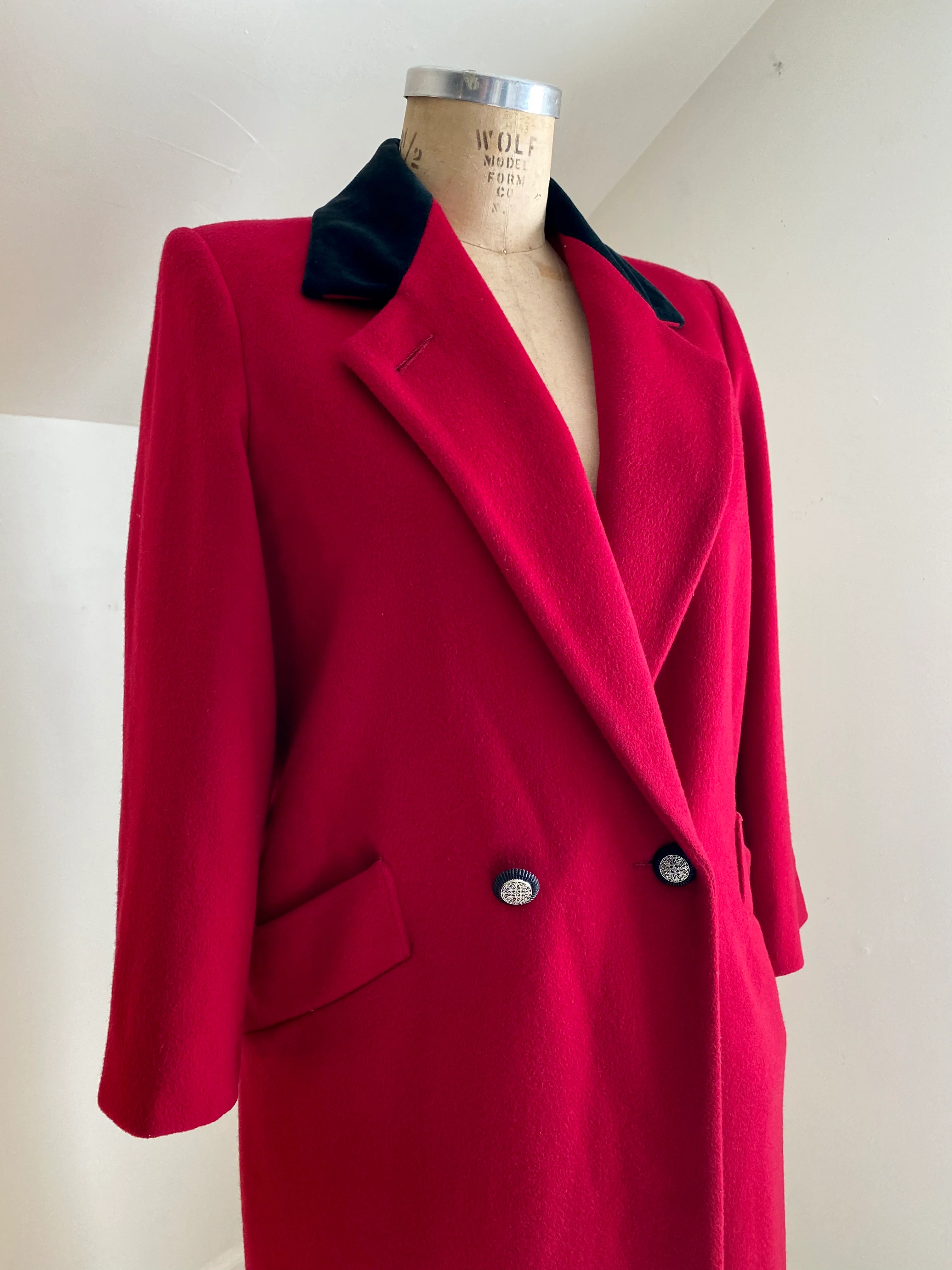 80s Red Wool Black Velvet Funnel Neck Over Coat By Forecaster of Boston - Image 5
