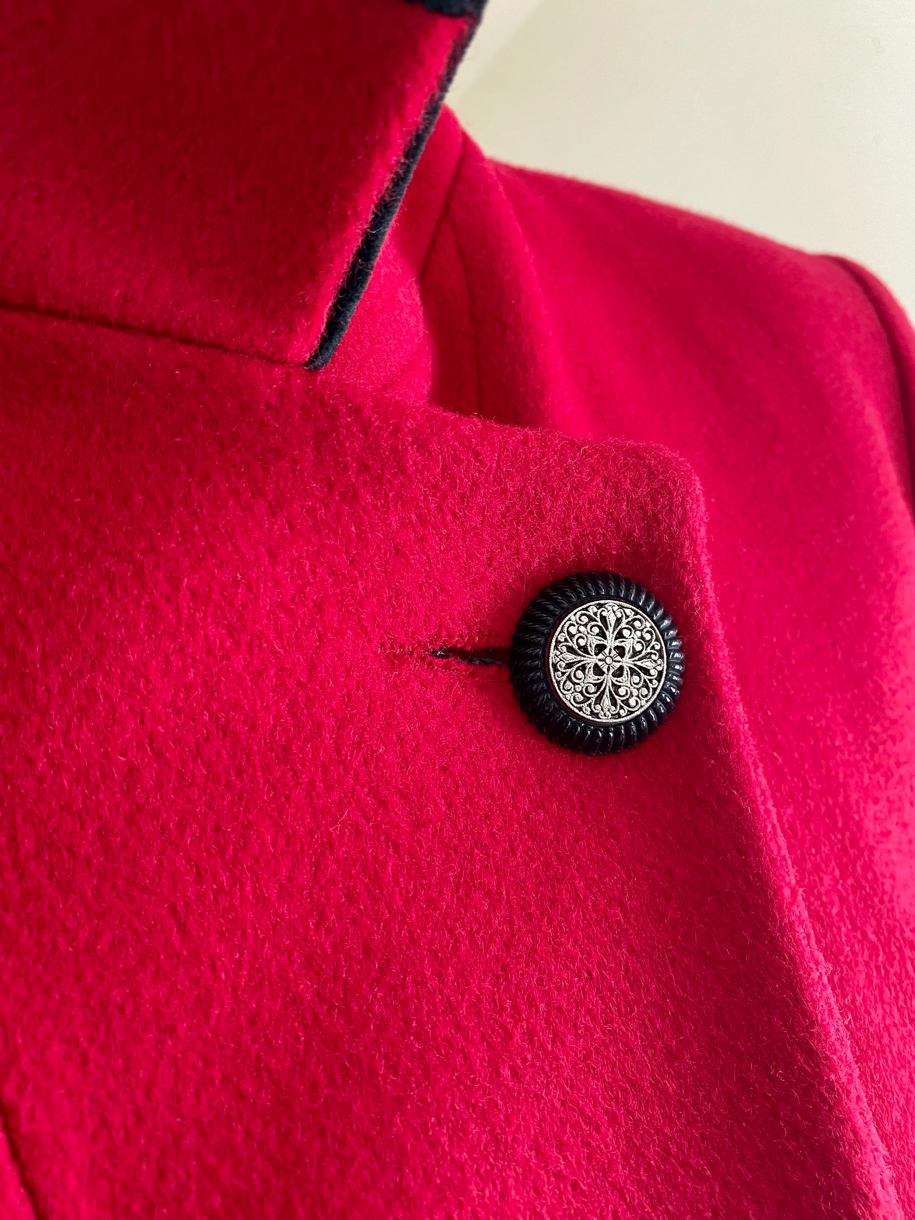 80s Red Wool Black Velvet Funnel Neck Over Coat By Forecaster of Boston - Image 9