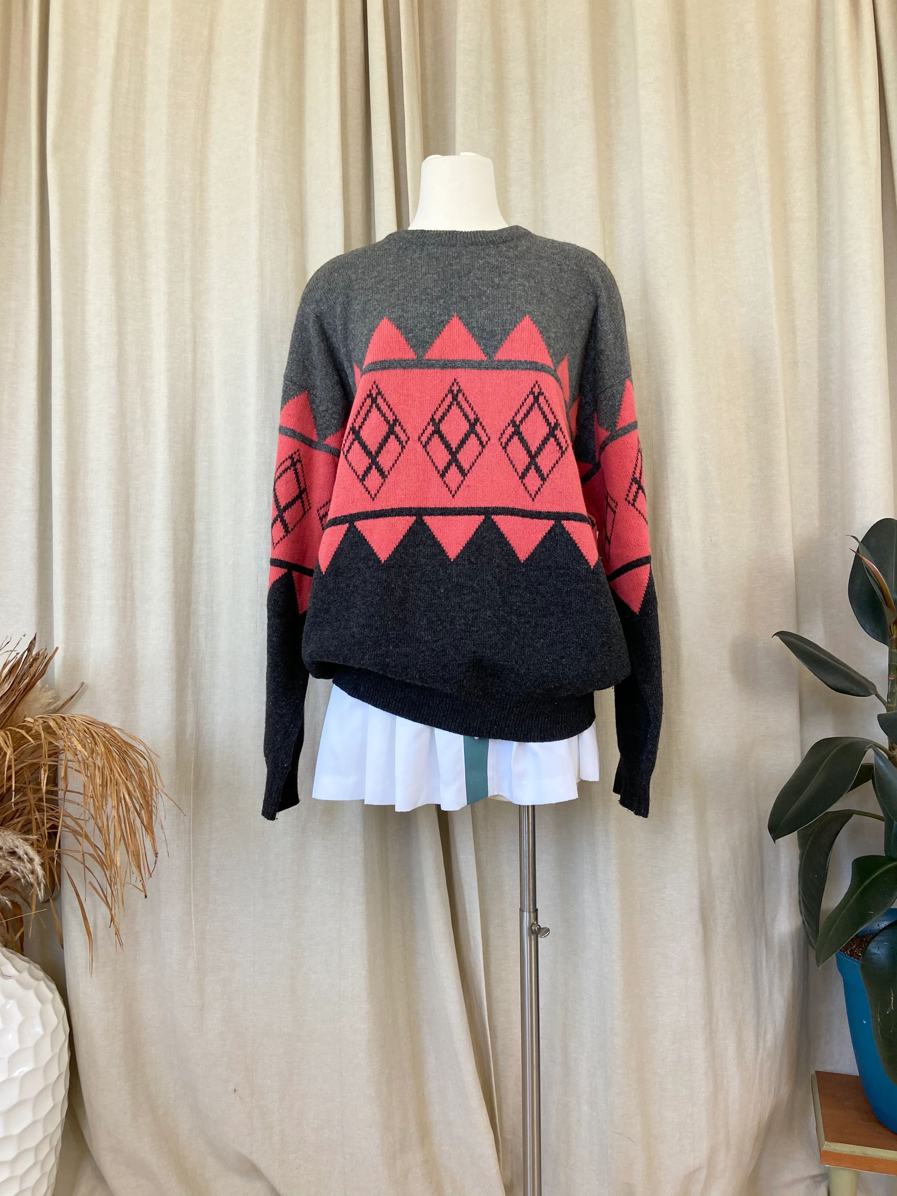 80s Retro Apres Ski Argyle Print Crewneck Wool Sweater By Les Copains - Image 3