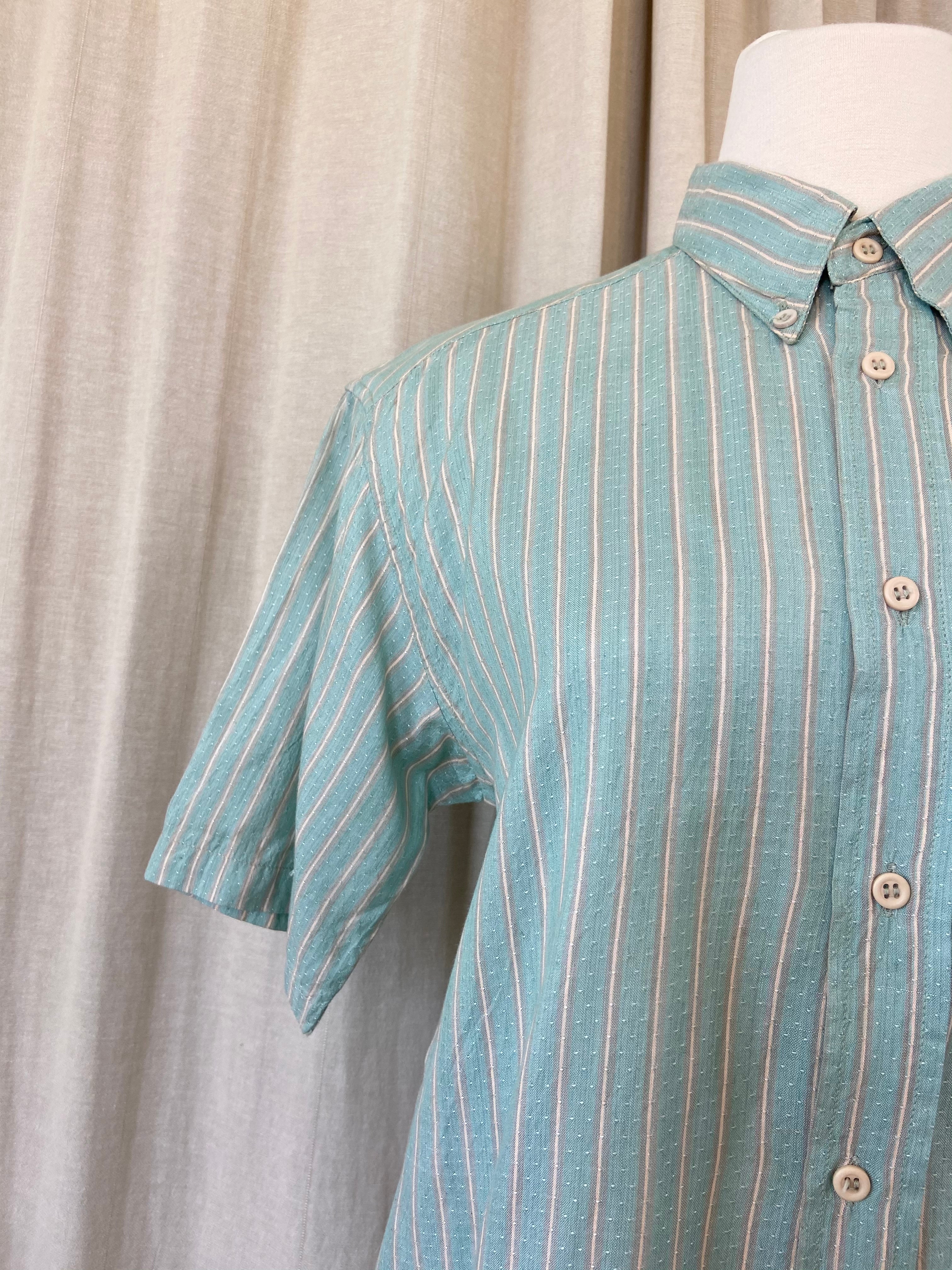 80s Retro Striped Teal Button Up With Front Pocket - Image 12