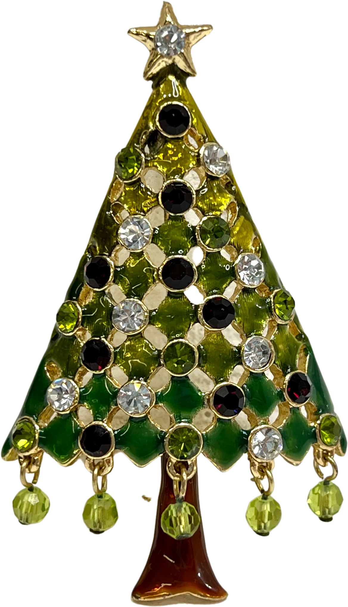 80s Rhinestone Christmas Tree Brooch Gold Tone Pin