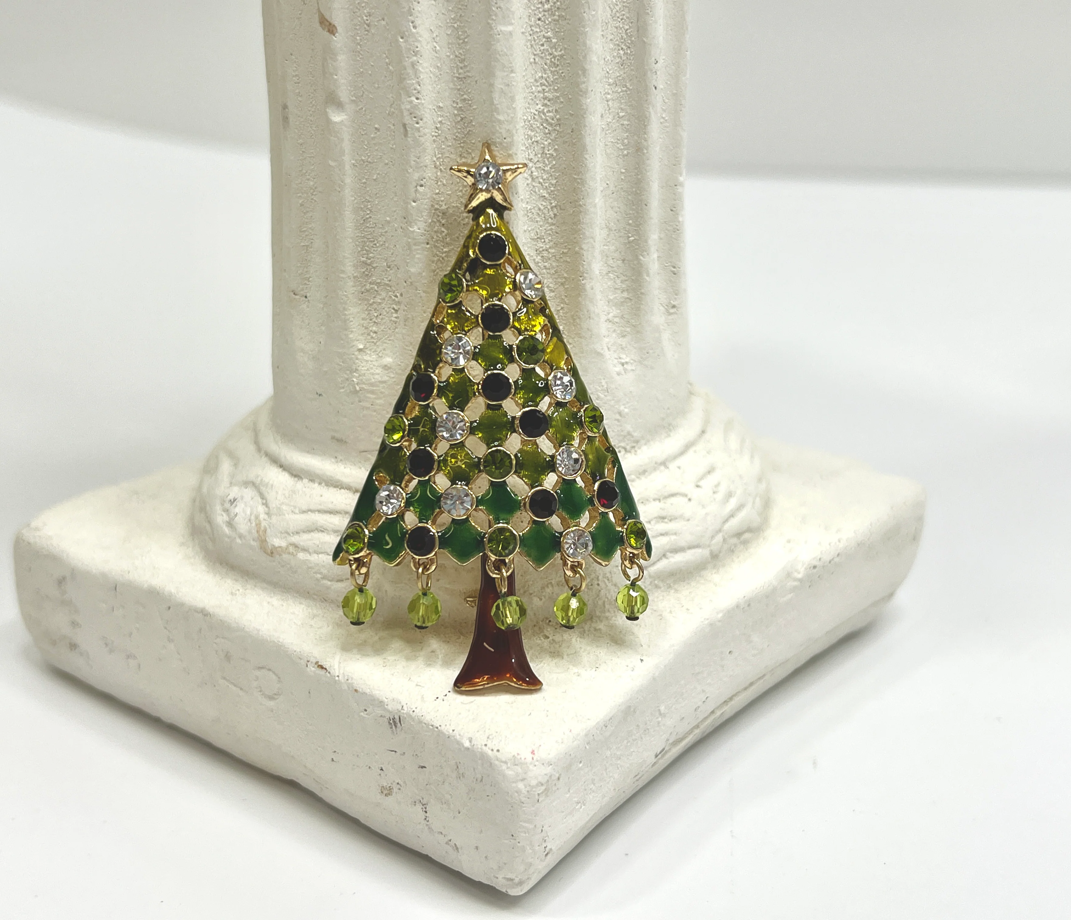 80s Rhinestone Christmas Tree Brooch Gold Tone Pin - Image 3