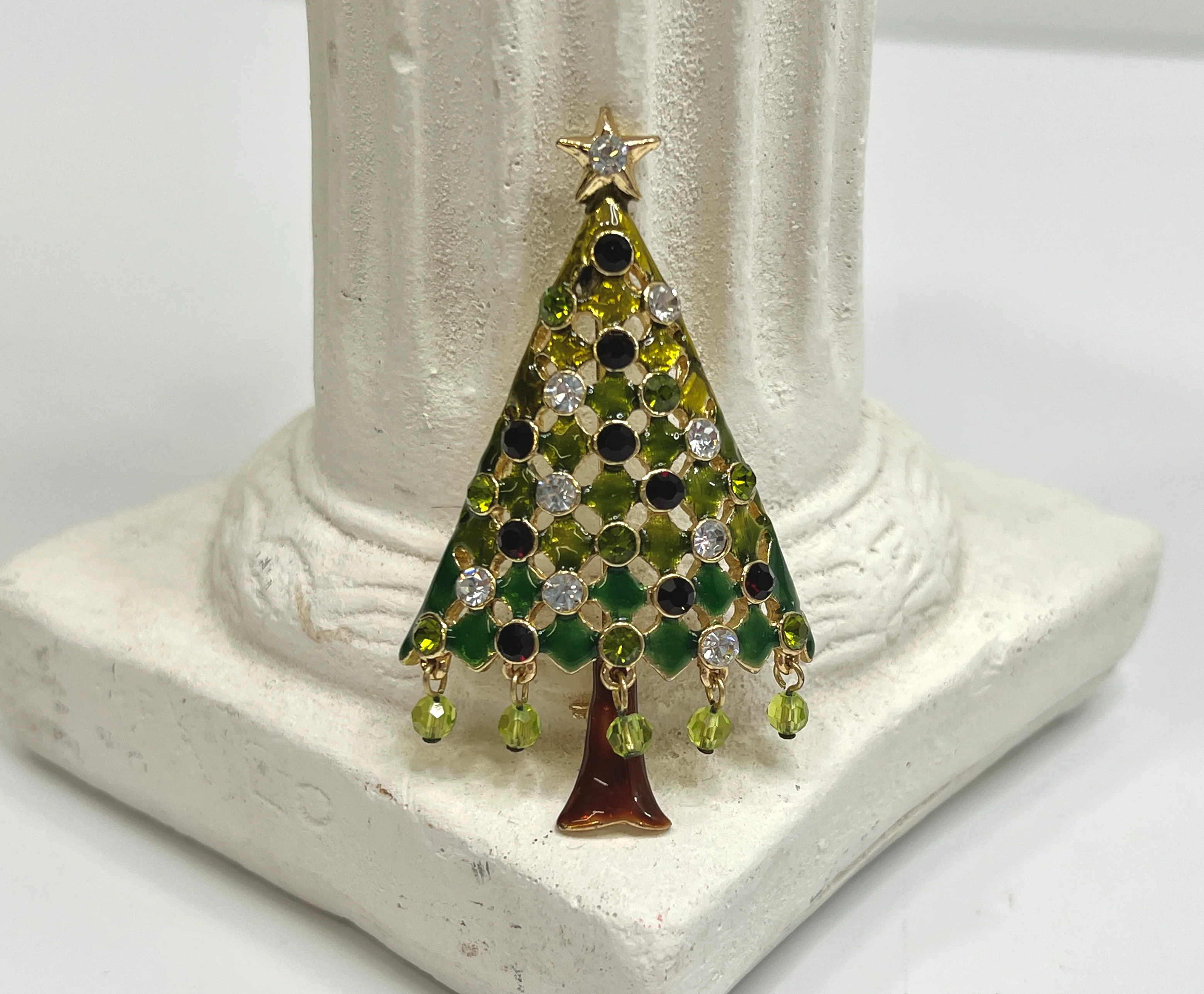 80s Rhinestone Christmas Tree Brooch Gold Tone Pin - Image 4
