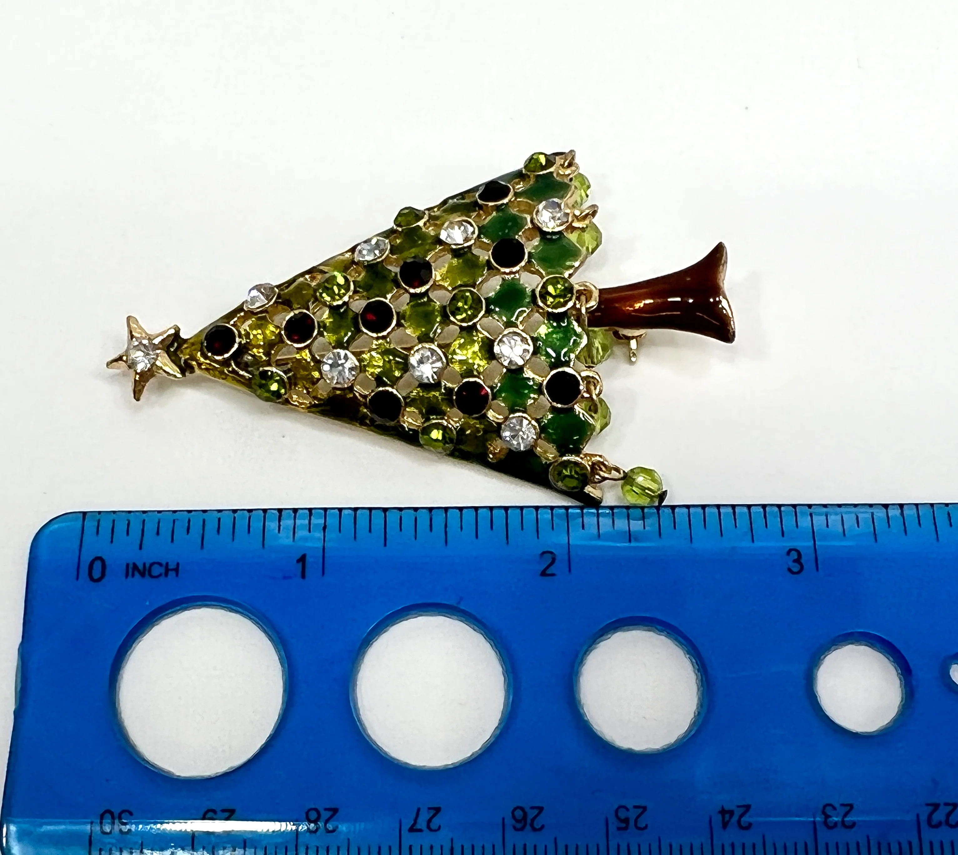 80s Rhinestone Christmas Tree Brooch Gold Tone Pin - Image 5