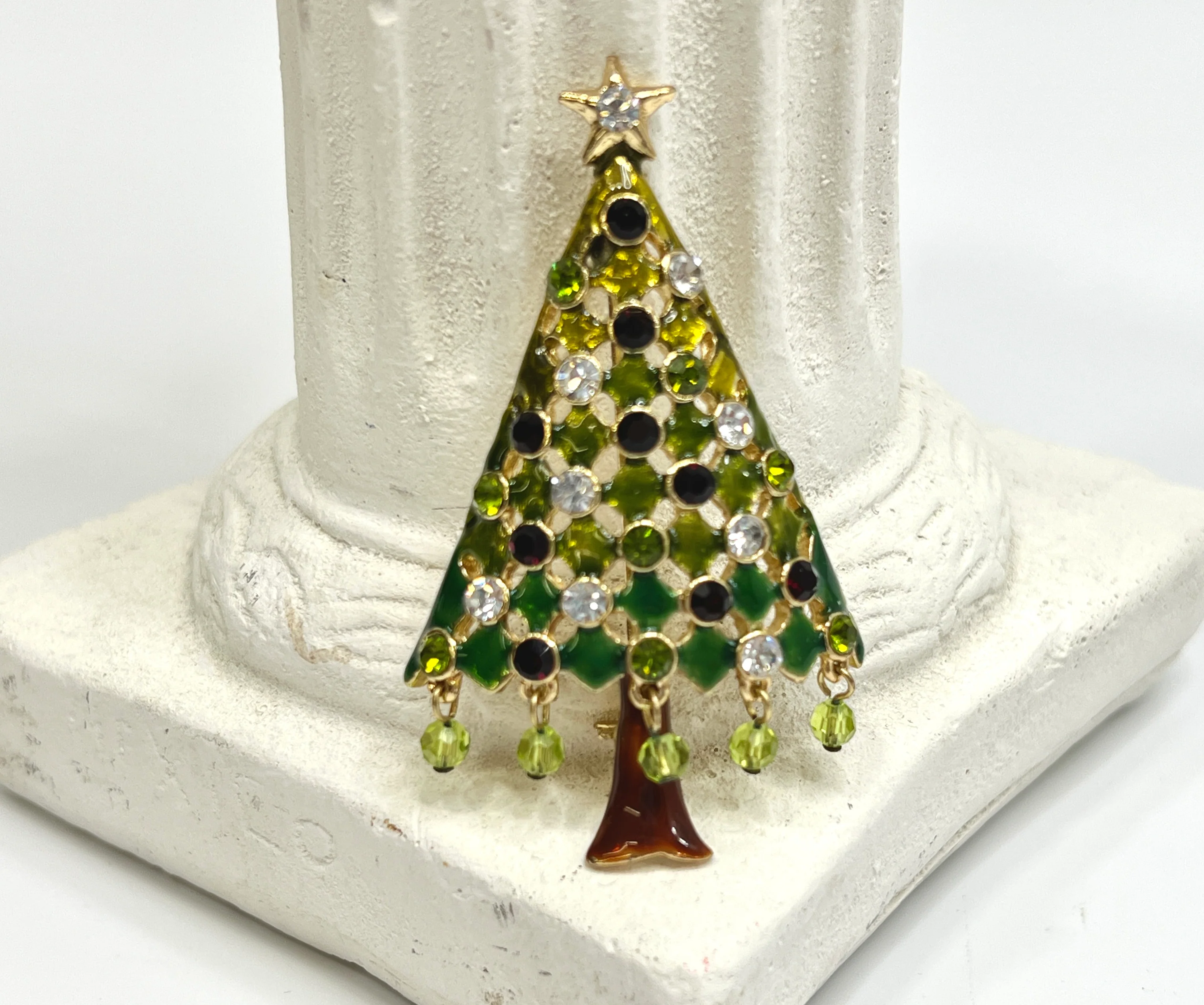 80s Rhinestone Christmas Tree Brooch Gold Tone Pin - Image 6