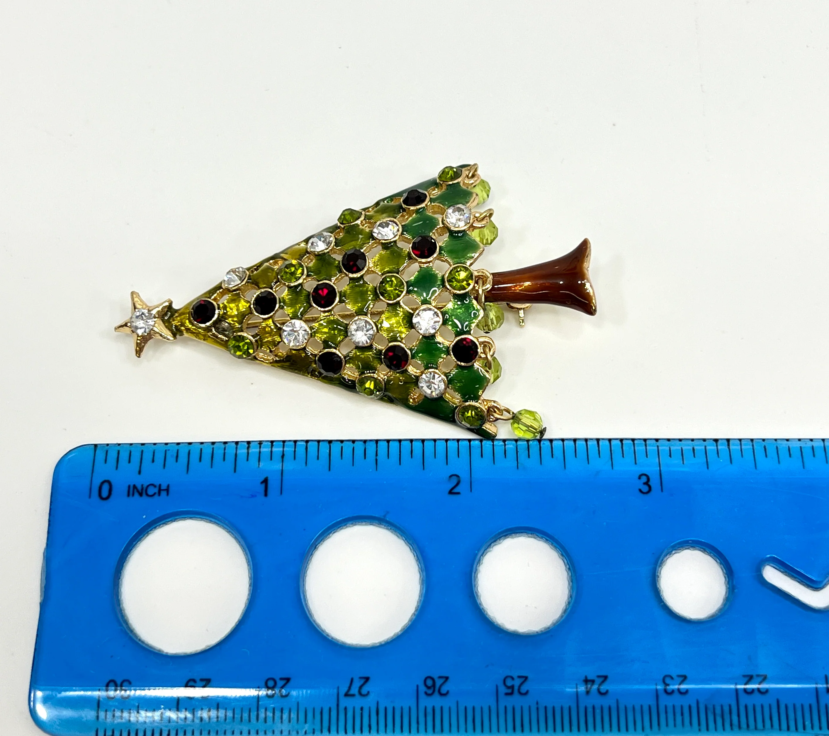 80s Rhinestone Christmas Tree Brooch Gold Tone Pin - Image 7