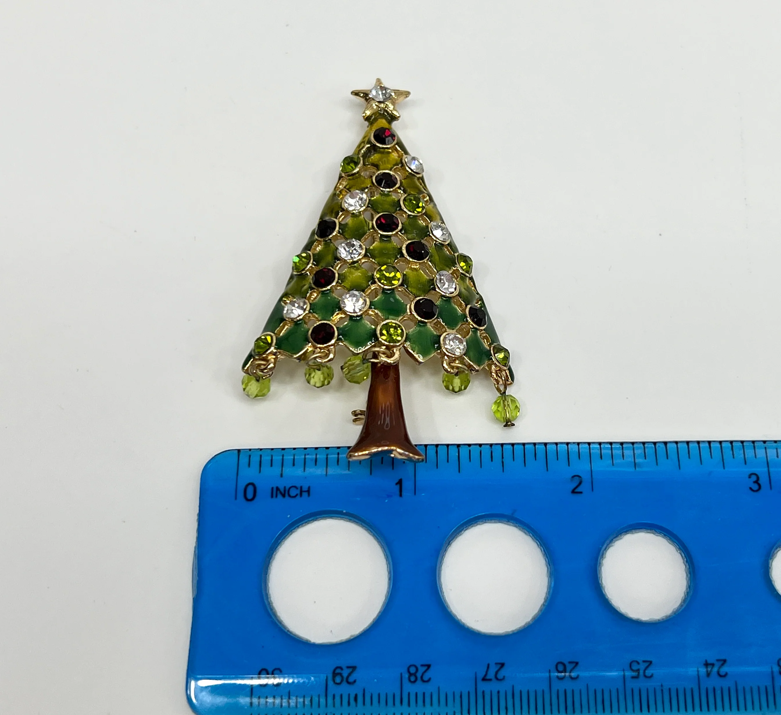 80s Rhinestone Christmas Tree Brooch Gold Tone Pin - Image 8