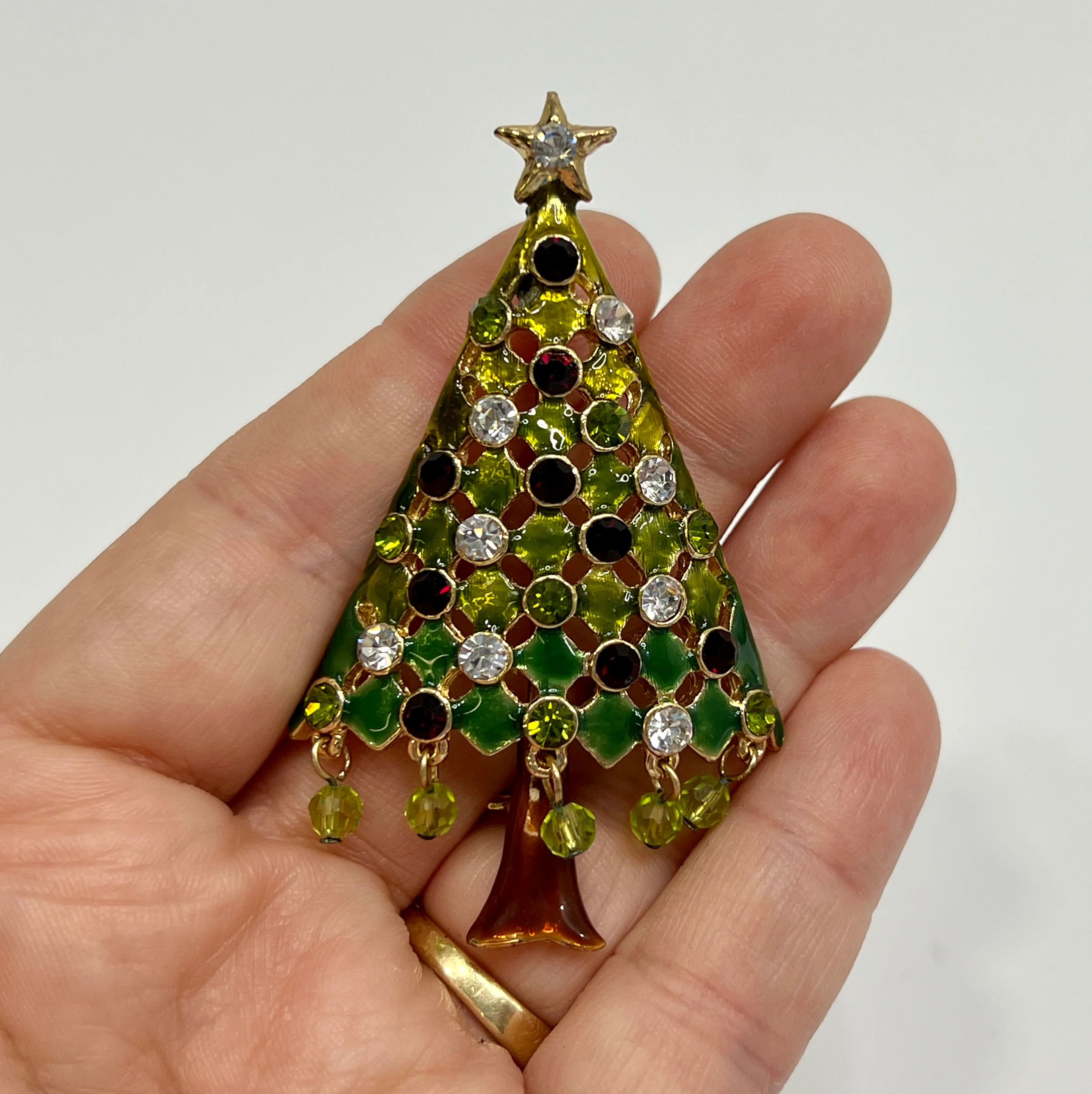 80s Rhinestone Christmas Tree Brooch Gold Tone Pin - Image 9