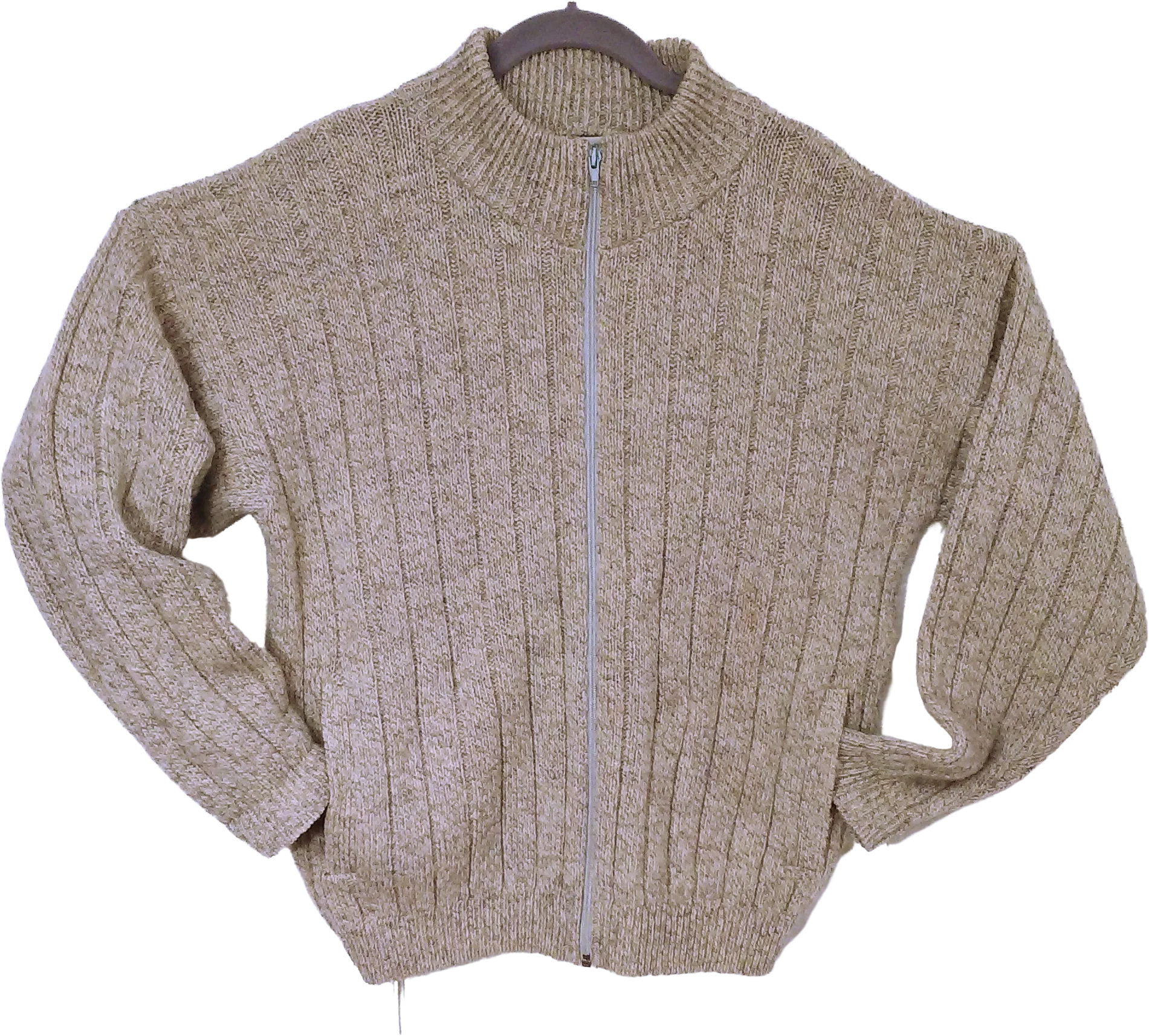 80s Ribbed Knit Zipper Cardigan Wool Blend Pockets Tan by Harry & David's