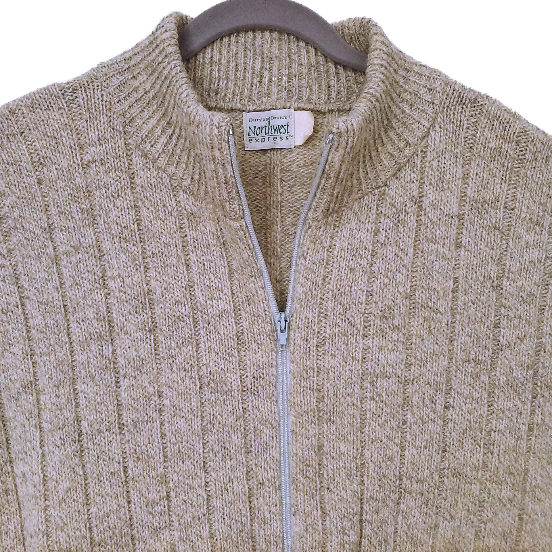 80s Ribbed Knit Zipper Cardigan Wool Blend Pockets Tan by Harry & David's - Image 2