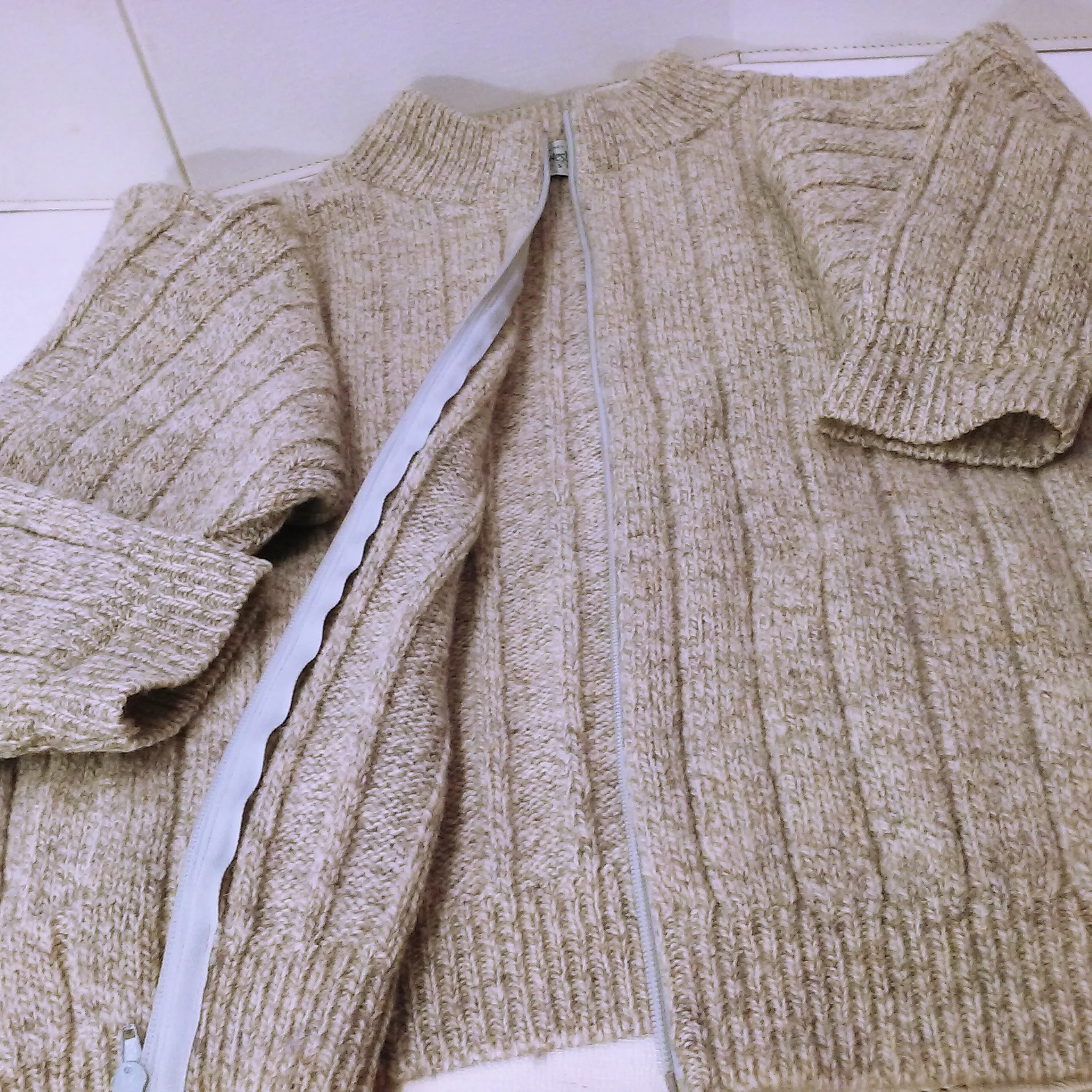 80s Ribbed Knit Zipper Cardigan Wool Blend Pockets Tan by Harry & David's - Image 6
