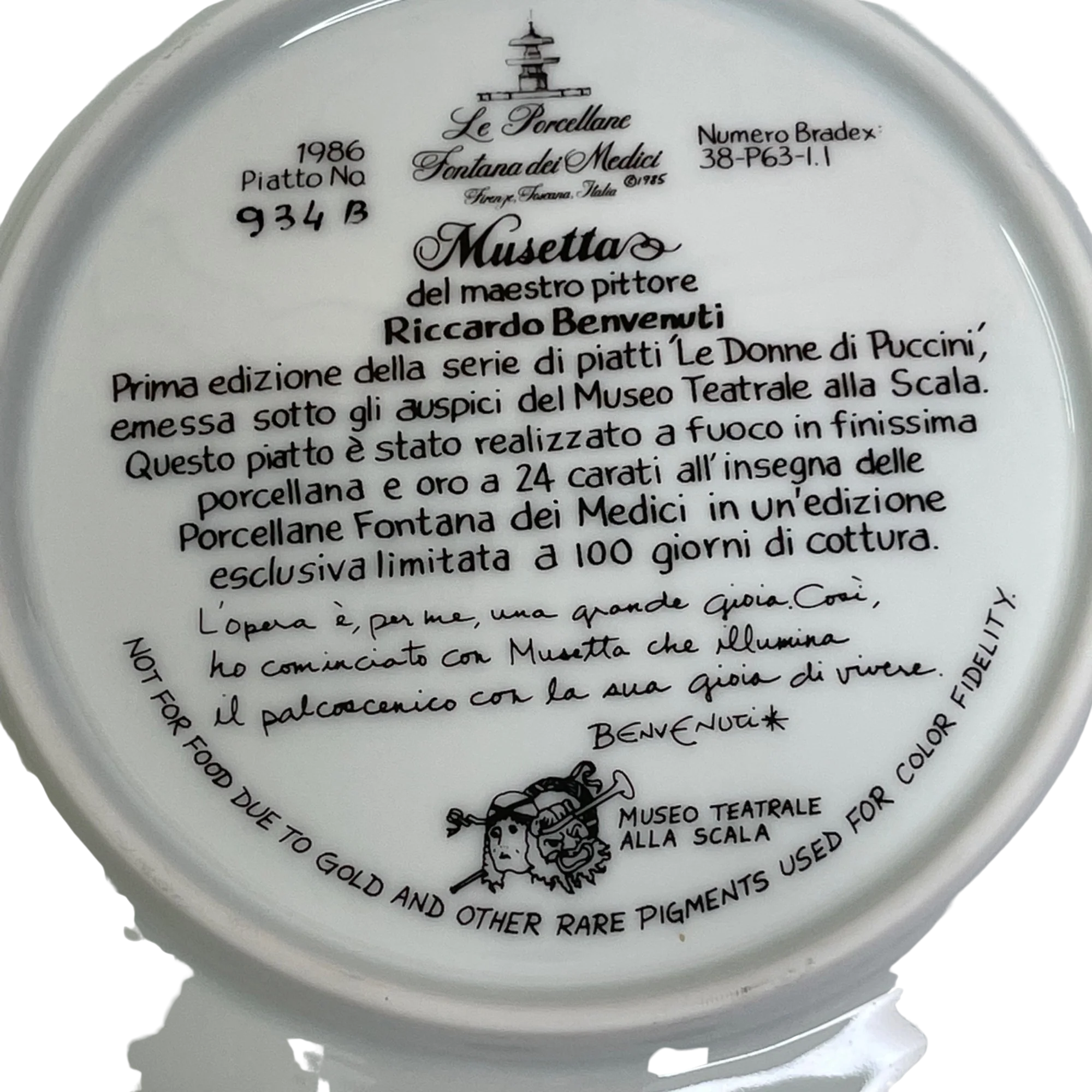 80s Riccardo Benvenuti Women Of Puccini Italy No. 934b By Musetta Collector Plate - Image 2