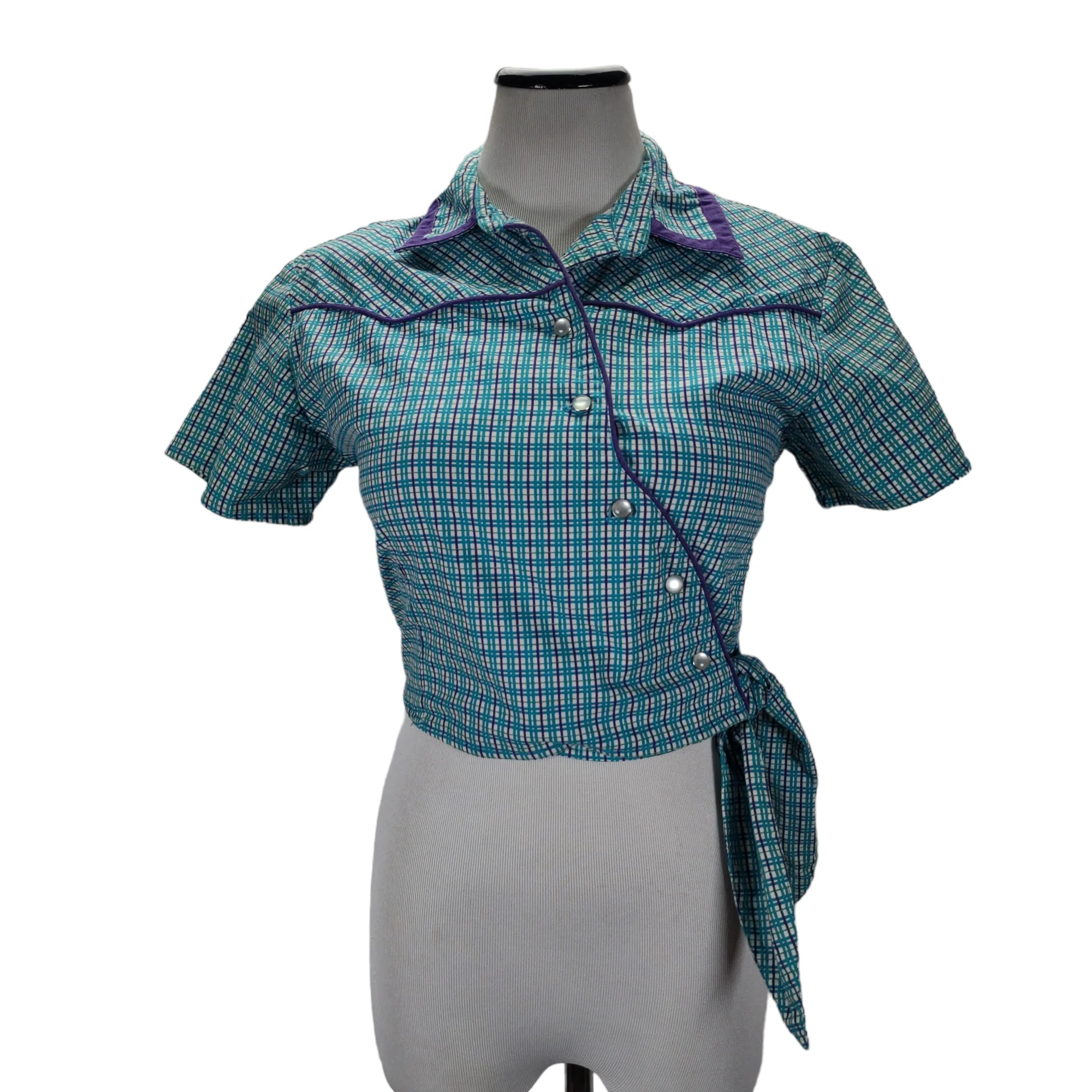 80s Rockabilly Plaid Western Side Tie Crop Snap Top By Wrangler Silver Lake - Image 3