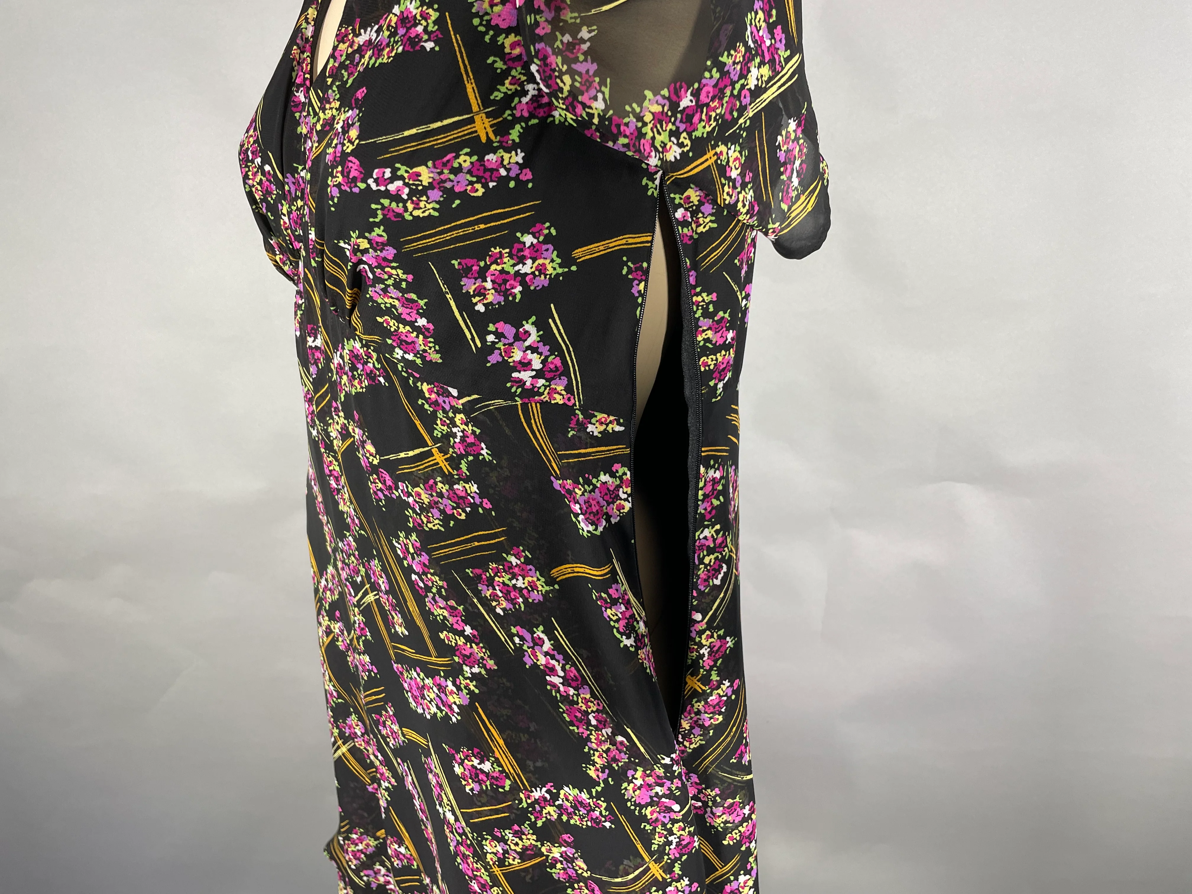 80s Romantic Black Floral Sheer Layered Boho Dress By Vicky Tiel - Image 6