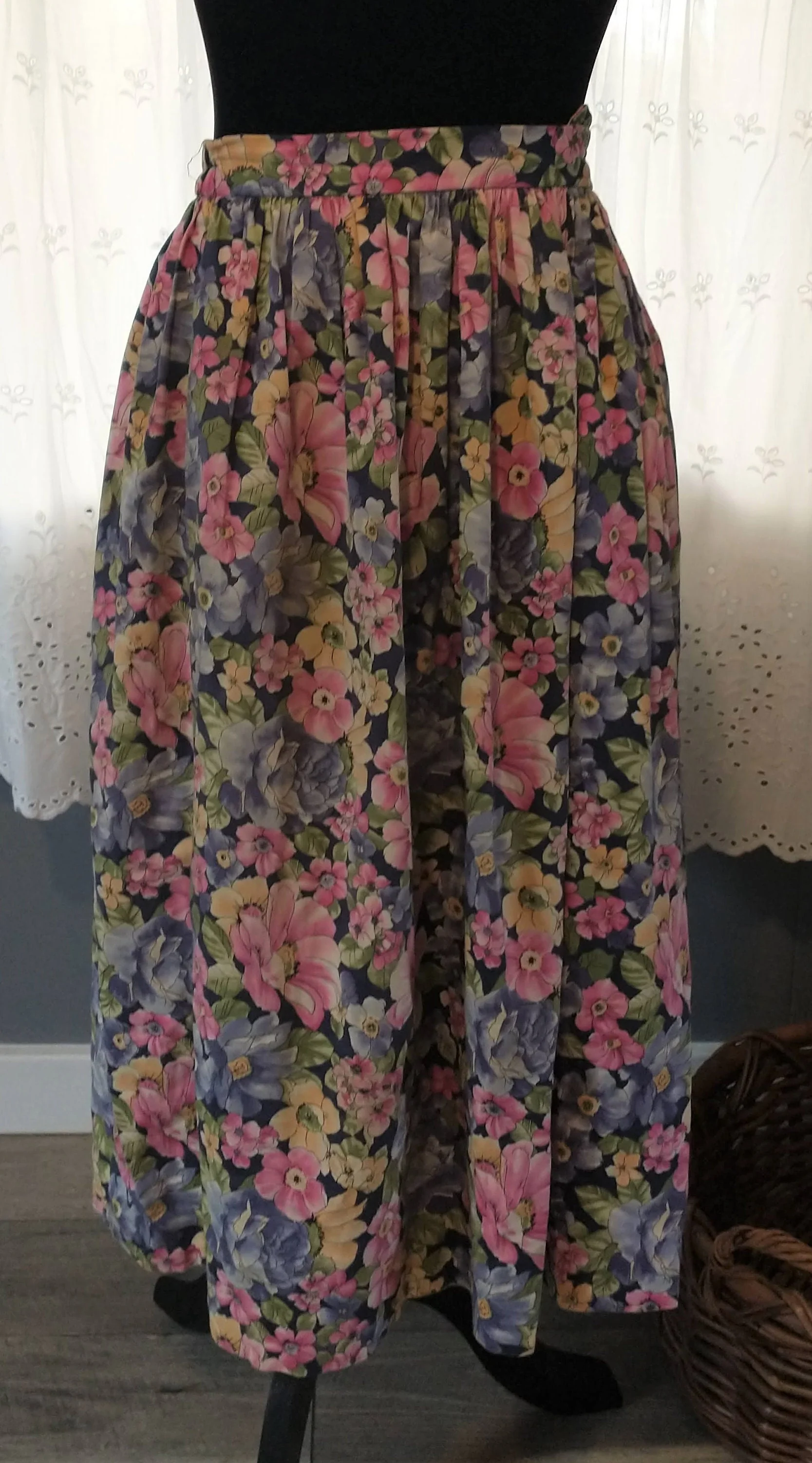 80s Romantic Cotton Floral Full Midi Skirt Pink Blue Yellow Purple Flowers Made In Usa by FA Chatta - Image 2