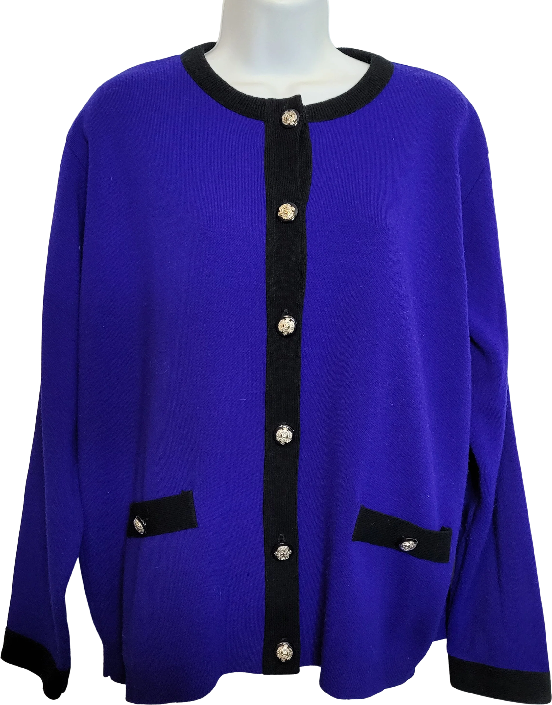 80s Royal Blue Carigan Trimmed In Black Size L by Prosperity Knitwear