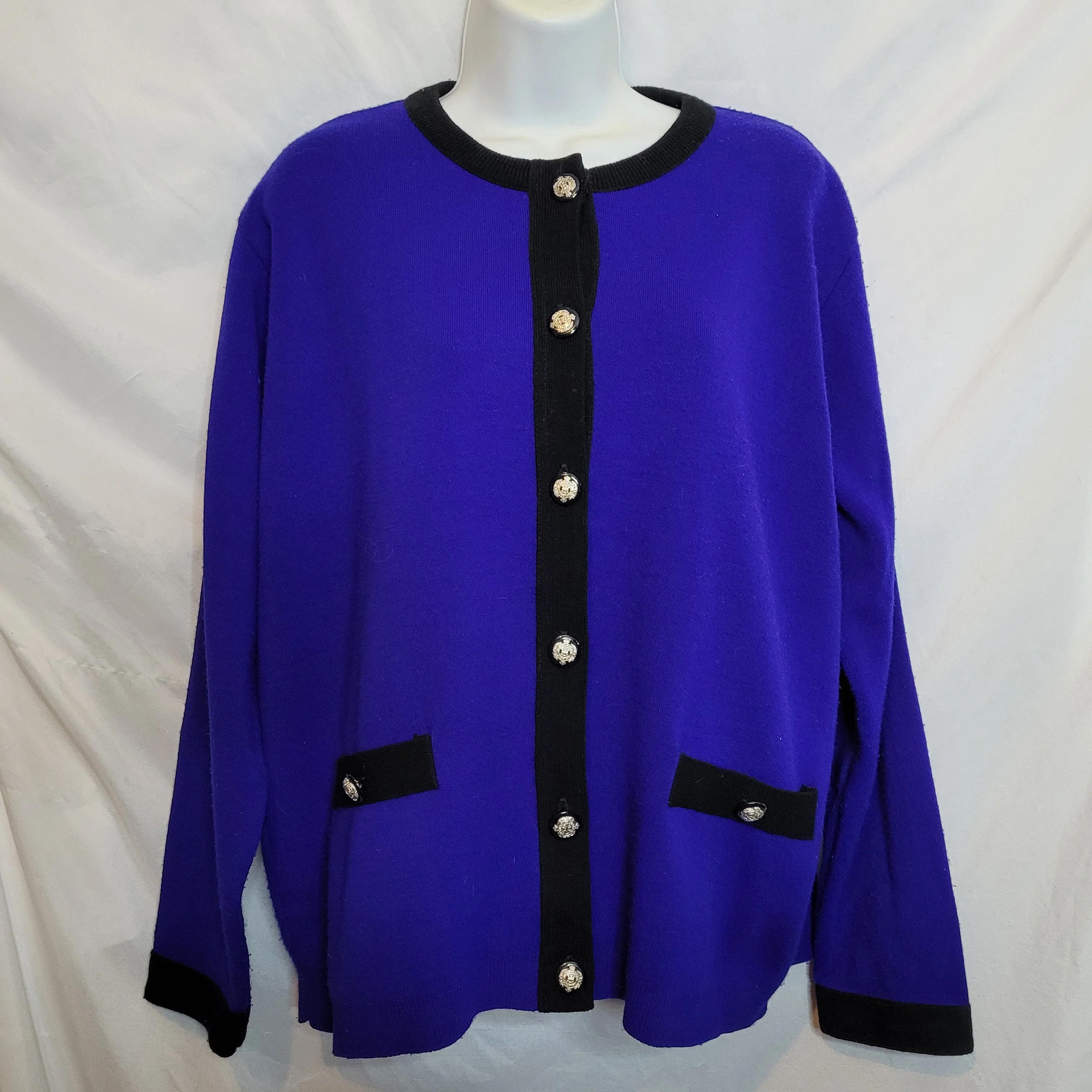 80s Royal Blue Carigan Trimmed In Black Size L by Prosperity Knitwear - Image 3