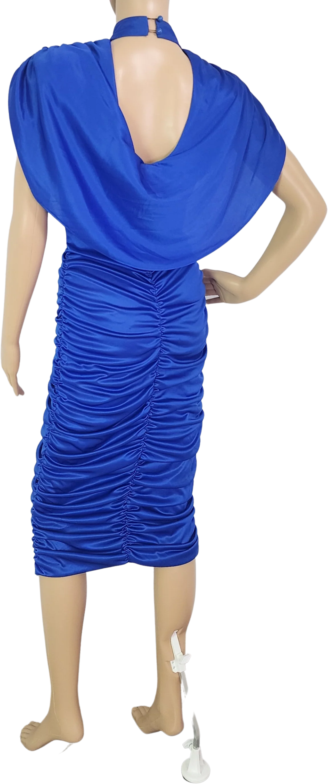80s Royal Blue Knit Bodycon Draped Dress Mesh Neck - Image 2