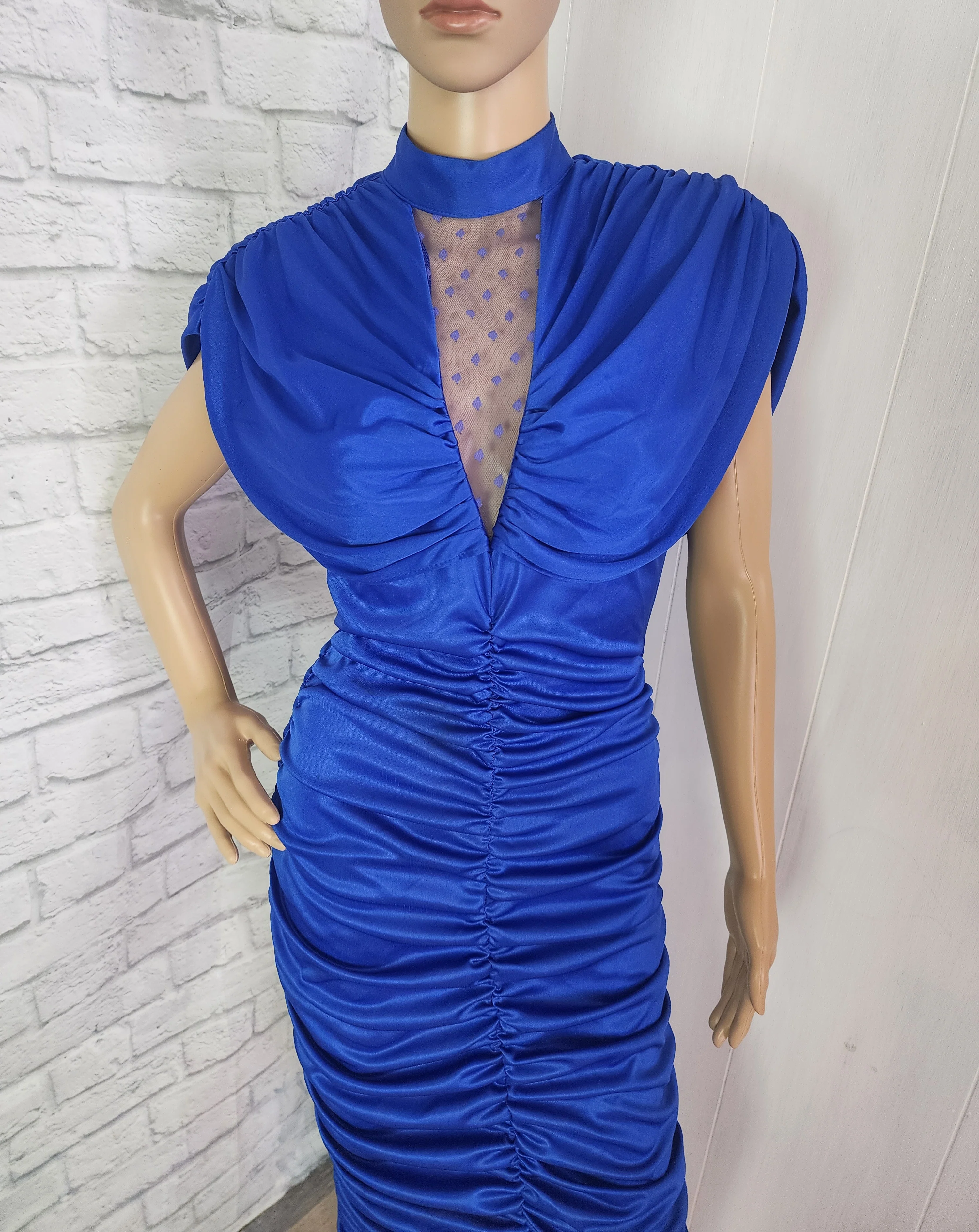 80s Royal Blue Knit Bodycon Draped Dress Mesh Neck - Image 5