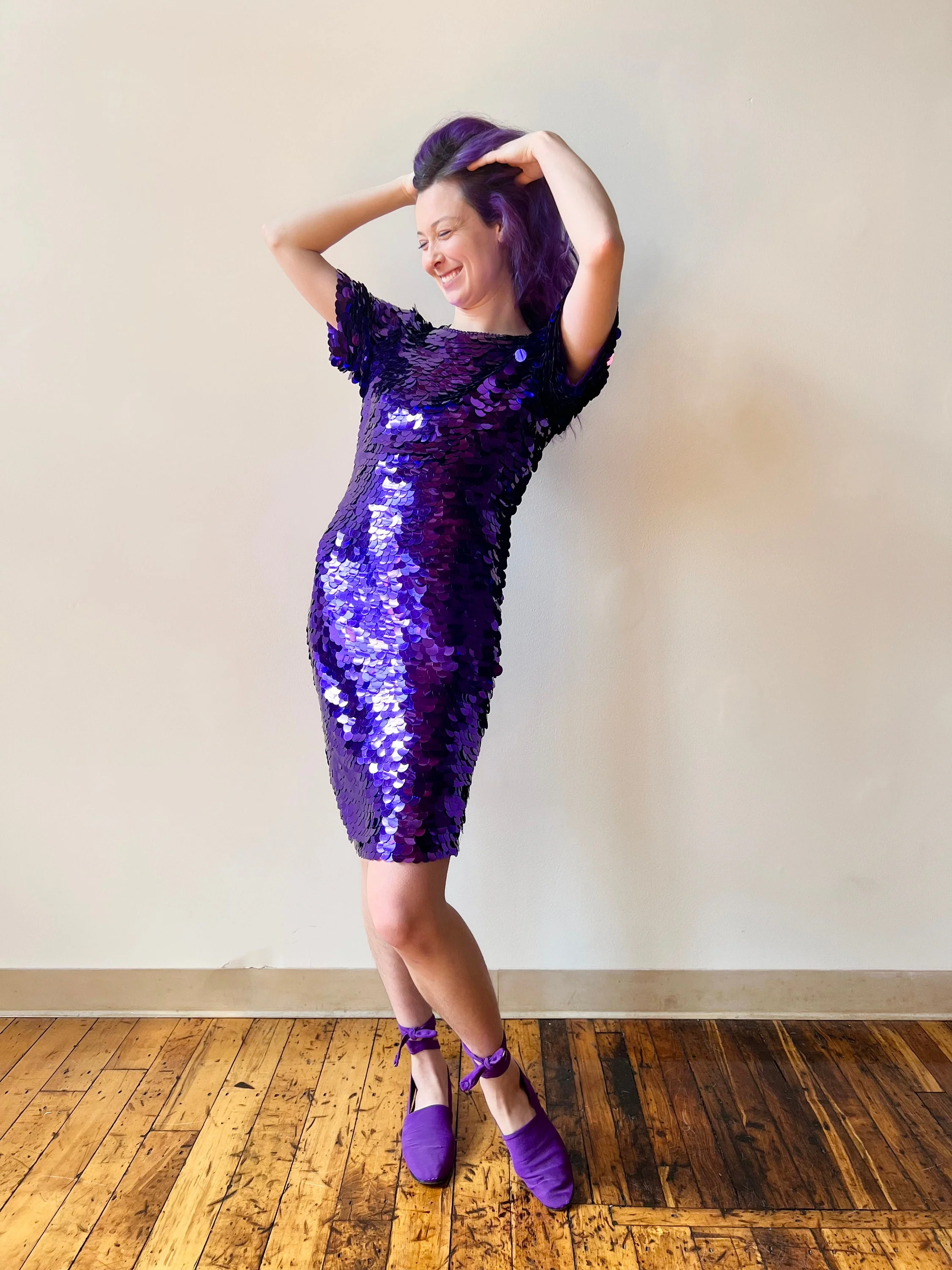 80s Royal Purple Paillette Bodycon Wiggle Cocktail Party Dress - Image 2