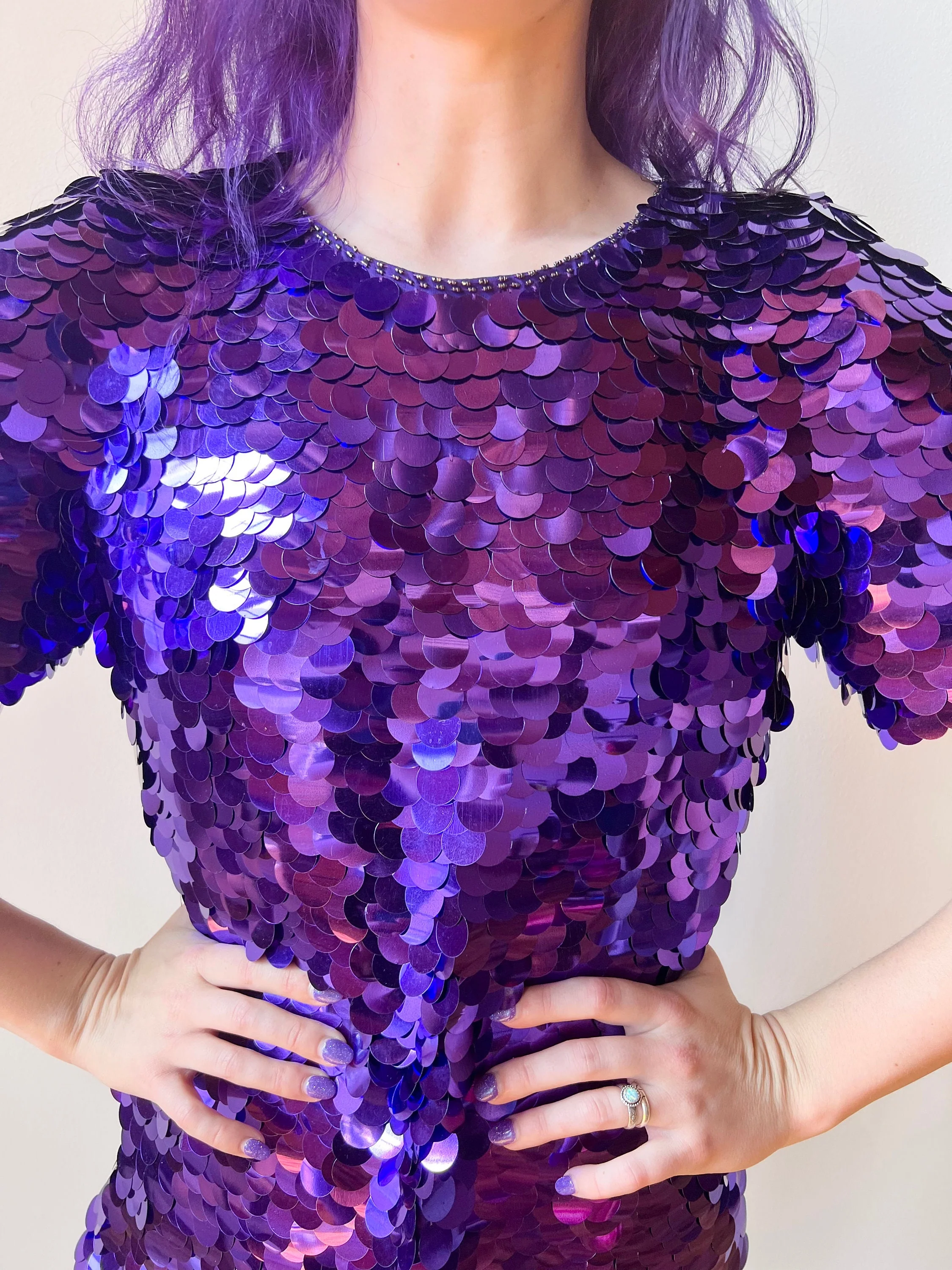 80s Royal Purple Paillette Bodycon Wiggle Cocktail Party Dress - Image 3