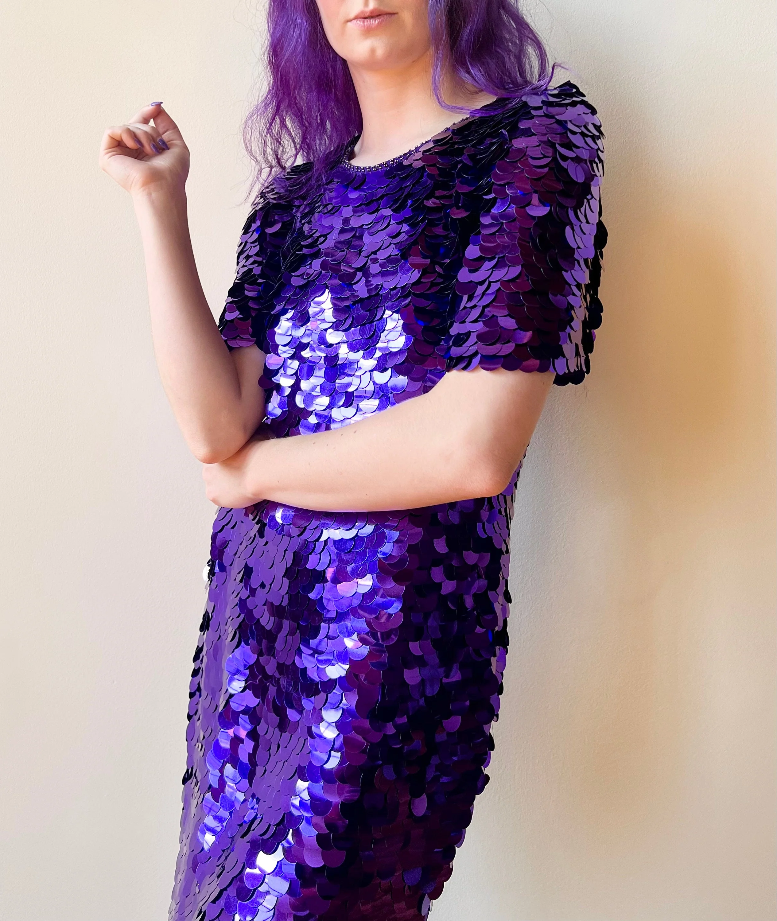 80s Royal Purple Paillette Bodycon Wiggle Cocktail Party Dress - Image 4