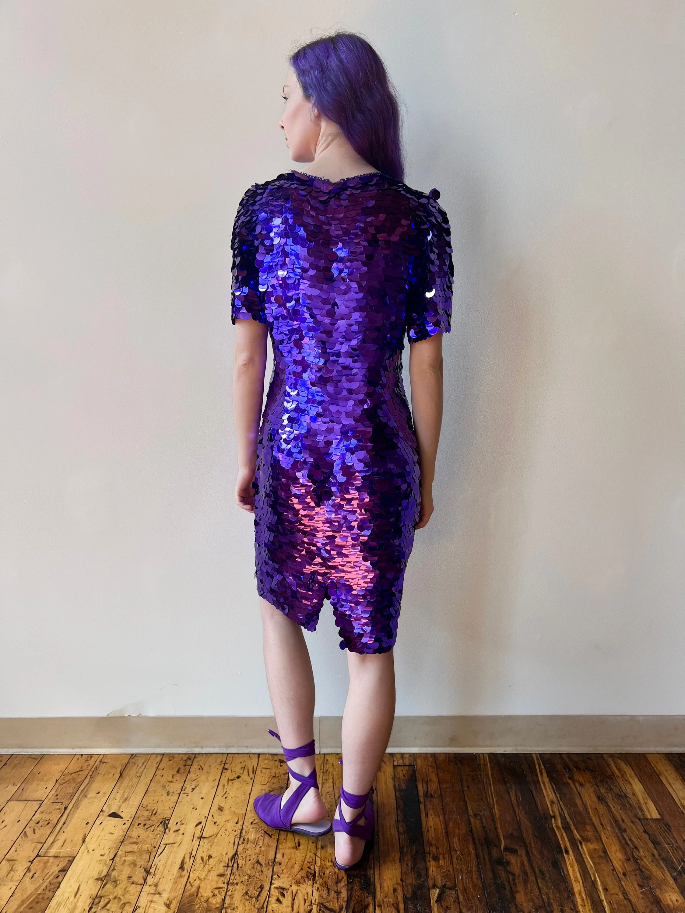 80s Royal Purple Paillette Bodycon Wiggle Cocktail Party Dress - Image 5