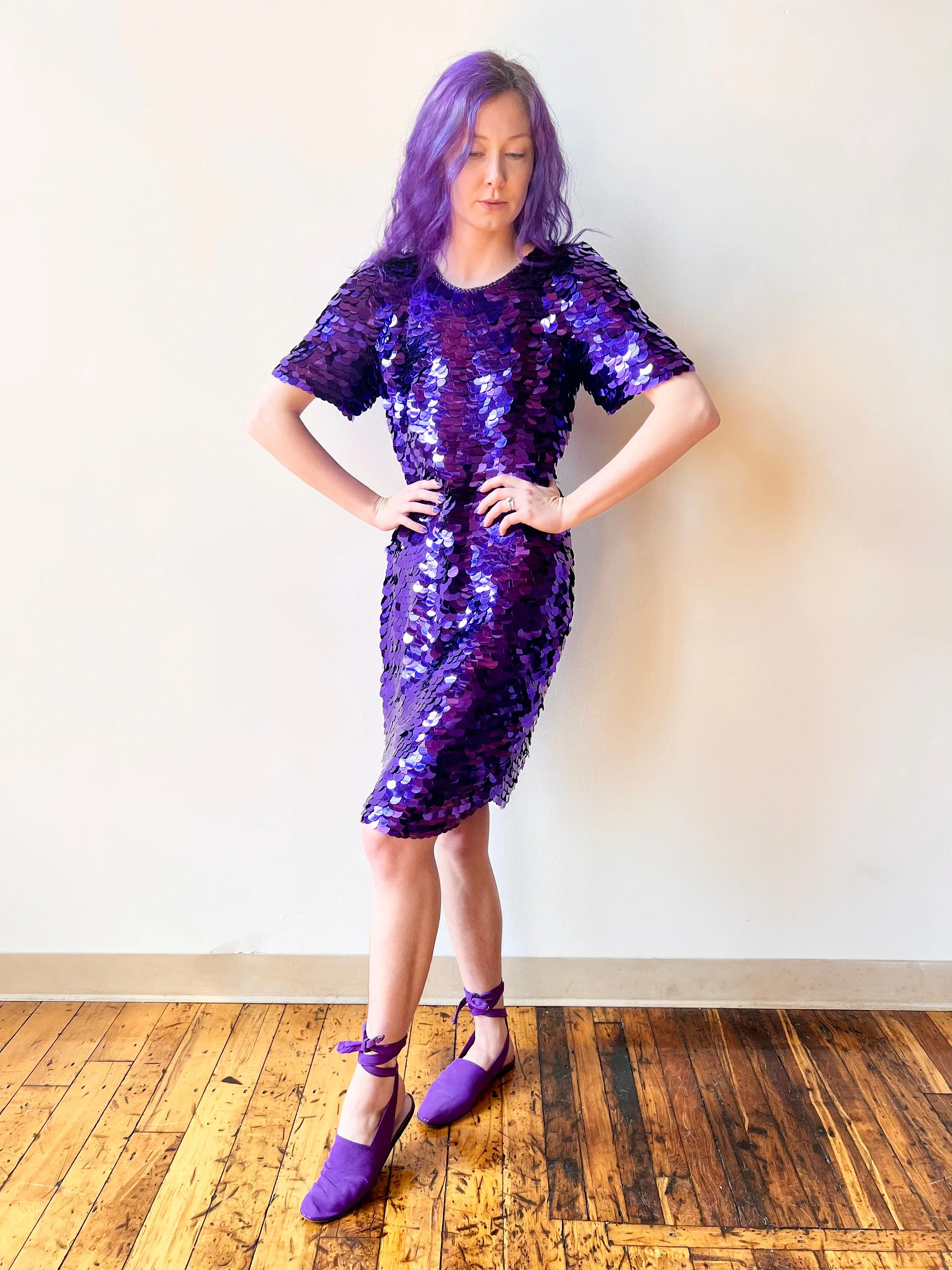 80s Royal Purple Paillette Bodycon Wiggle Cocktail Party Dress - Image 7