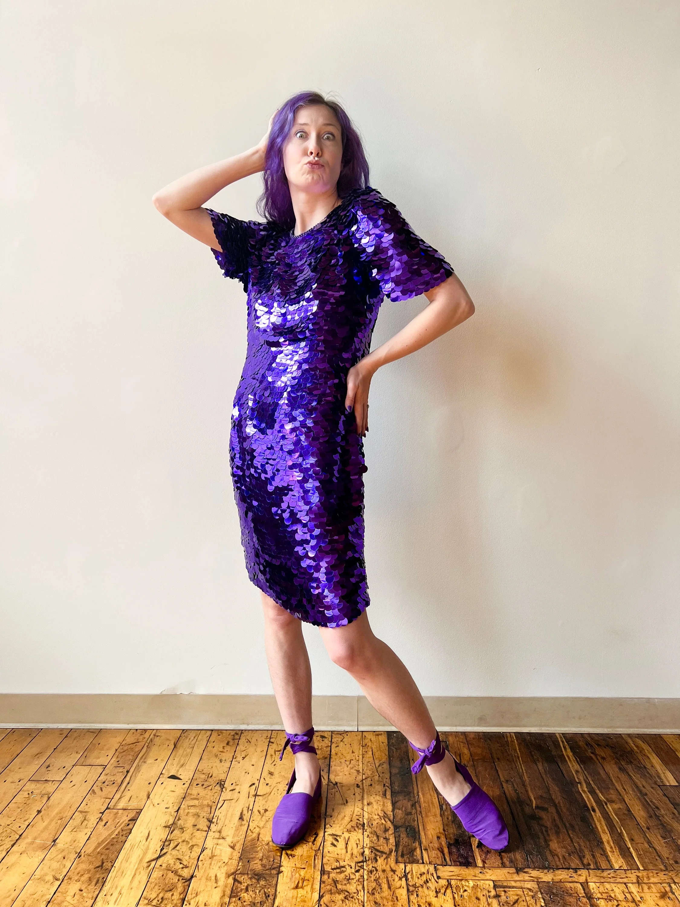 80s Royal Purple Paillette Bodycon Wiggle Cocktail Party Dress - Image 8