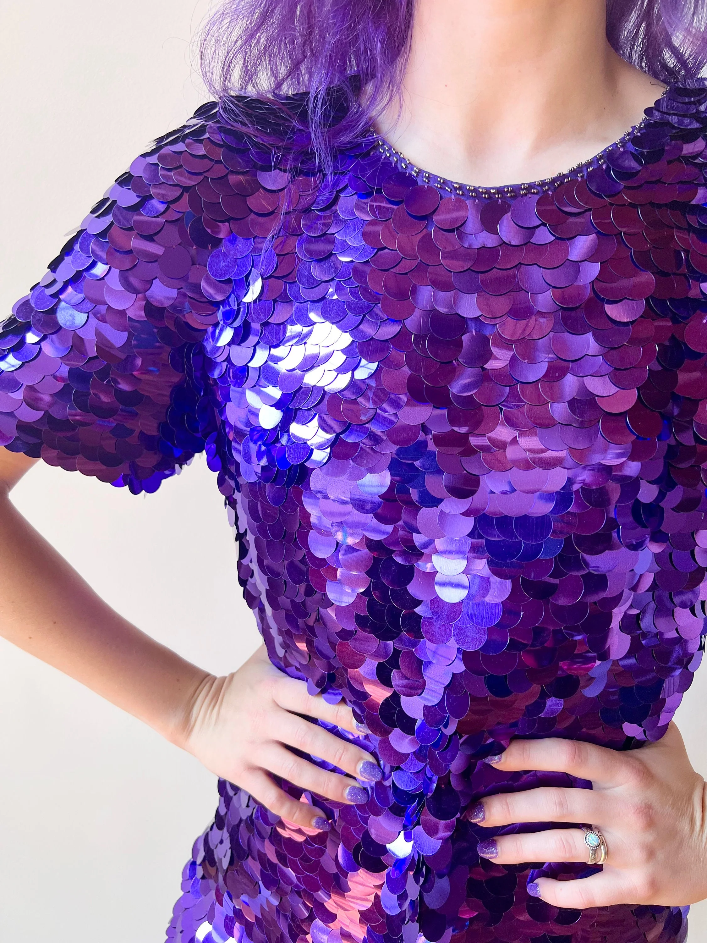 80s Royal Purple Paillette Bodycon Wiggle Cocktail Party Dress - Image 9