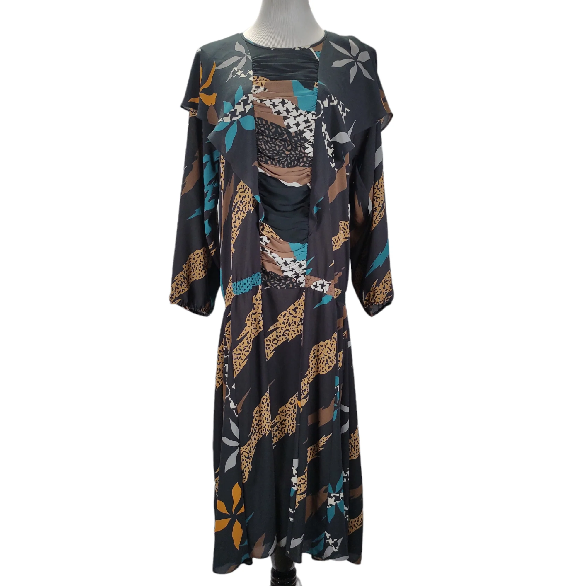 80s Ruched Pattern Clash Shoulder Drape Dress By Diane Freis - Image 3