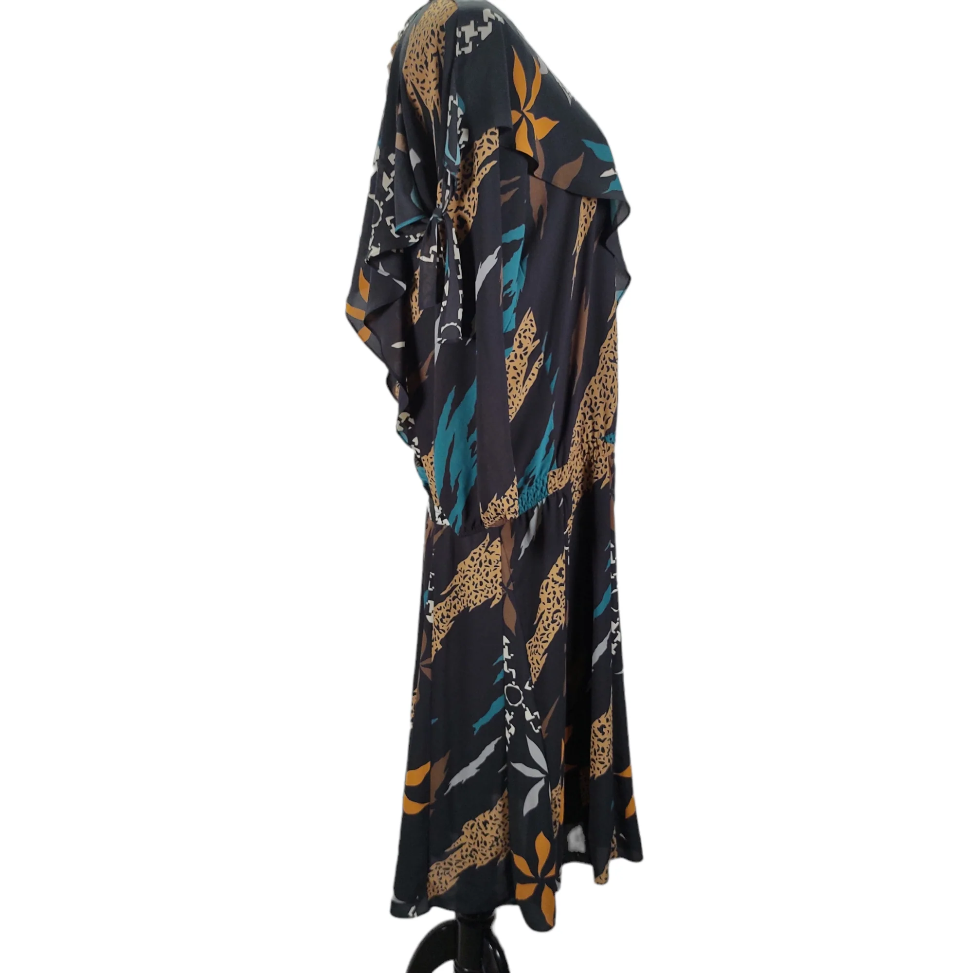 80s Ruched Pattern Clash Shoulder Drape Dress By Diane Freis - Image 4