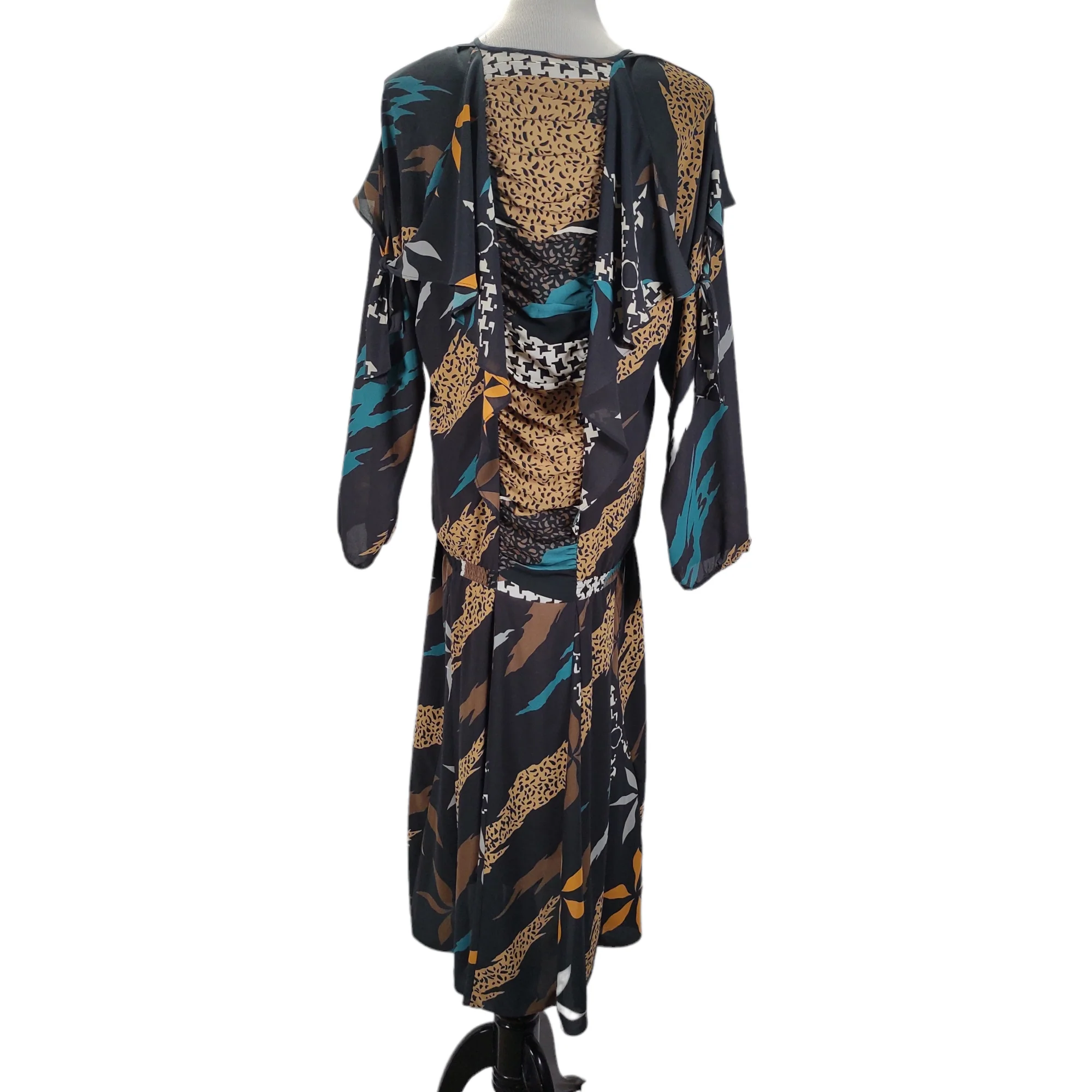 80s Ruched Pattern Clash Shoulder Drape Dress By Diane Freis - Image 6