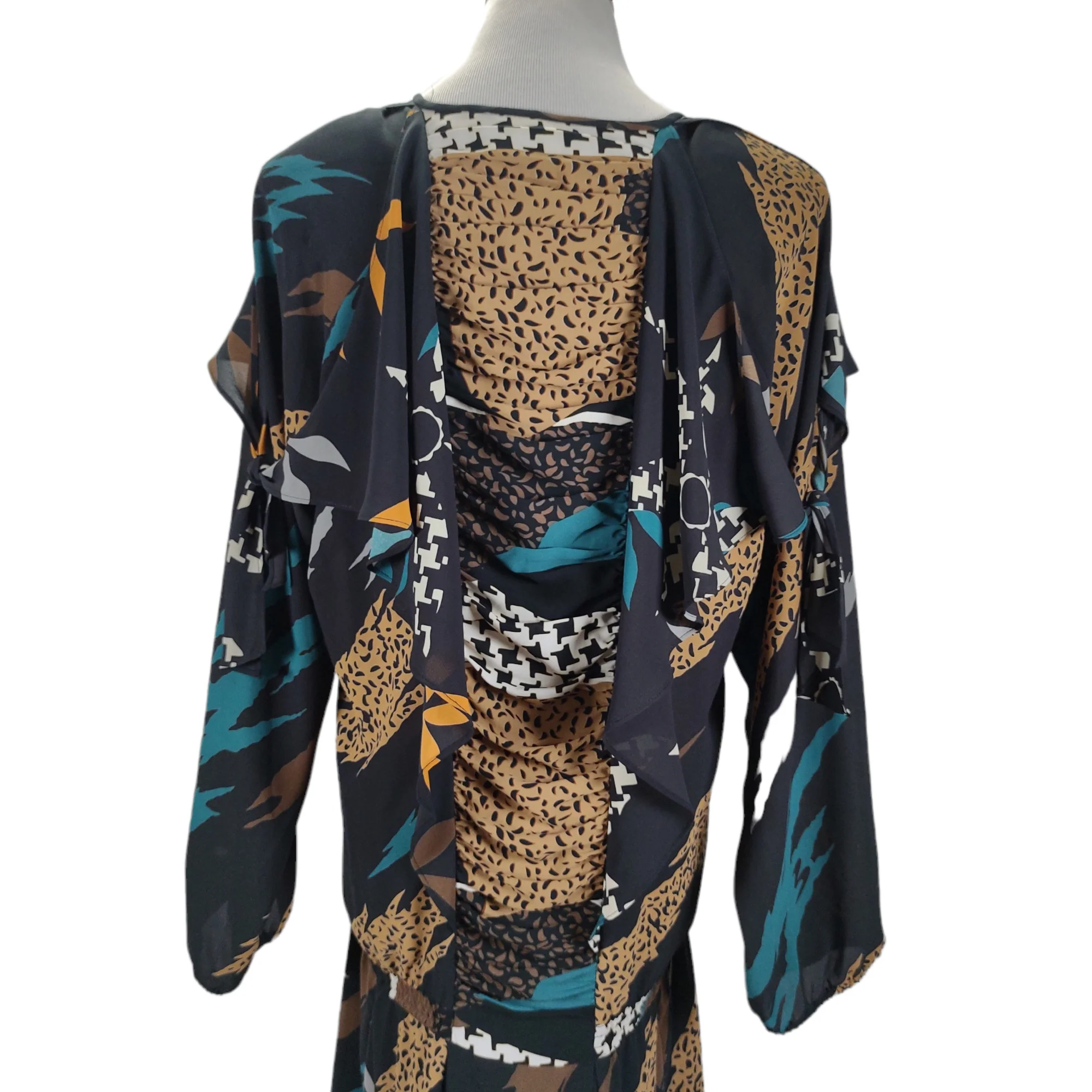 80s Ruched Pattern Clash Shoulder Drape Dress By Diane Freis - Image 7